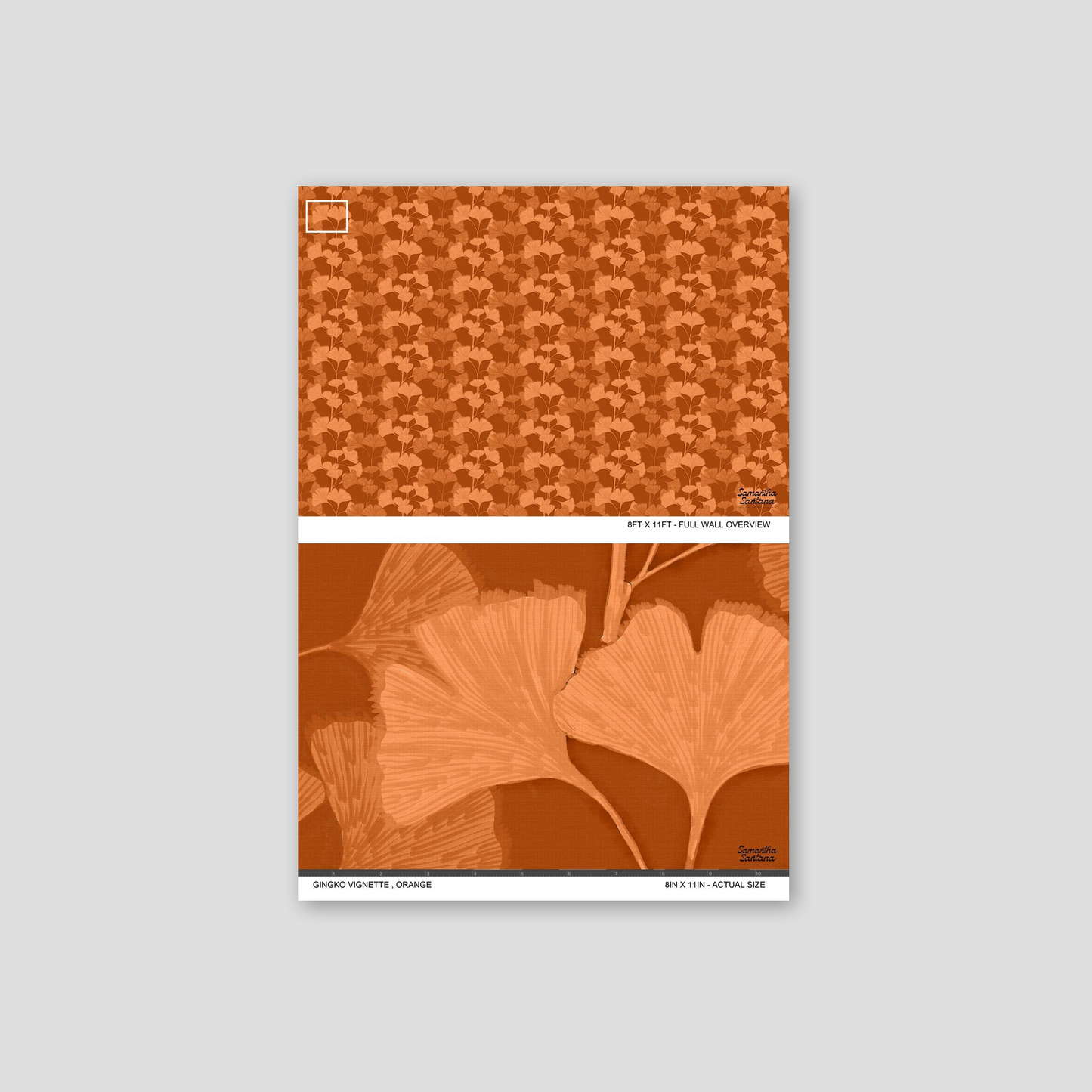 Orange ginkgo leaf pattern wallpaper sample with intricate botanical design.
