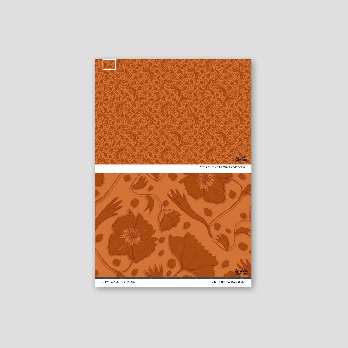 Orange poppy motif wallpaper sample with floral pattern and vintage style.