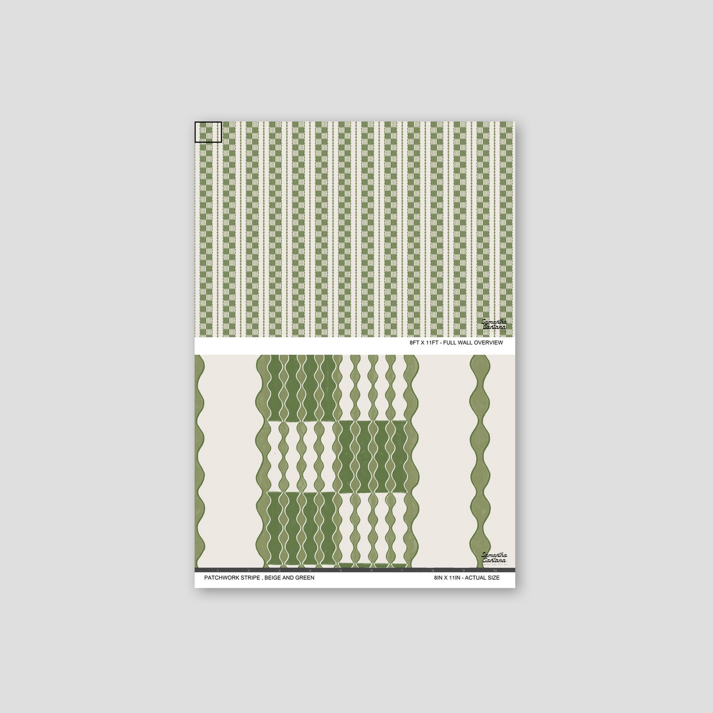 Patchwork Stripe Wallpaper in beige and green with geometric wavy patterns.
