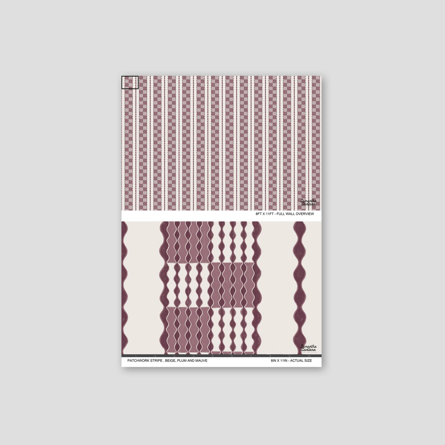 Patchwork stripe wallpaper with beige, plum, and mauve geometric patterns