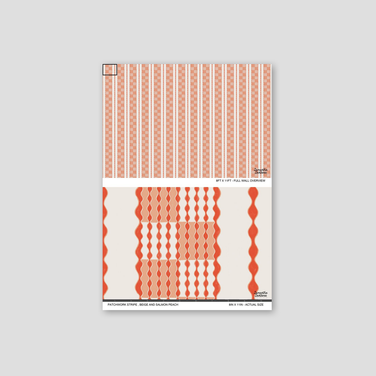 Patchwork stripe wallpaper in beige and salmon peach with wavy geometric patterns.