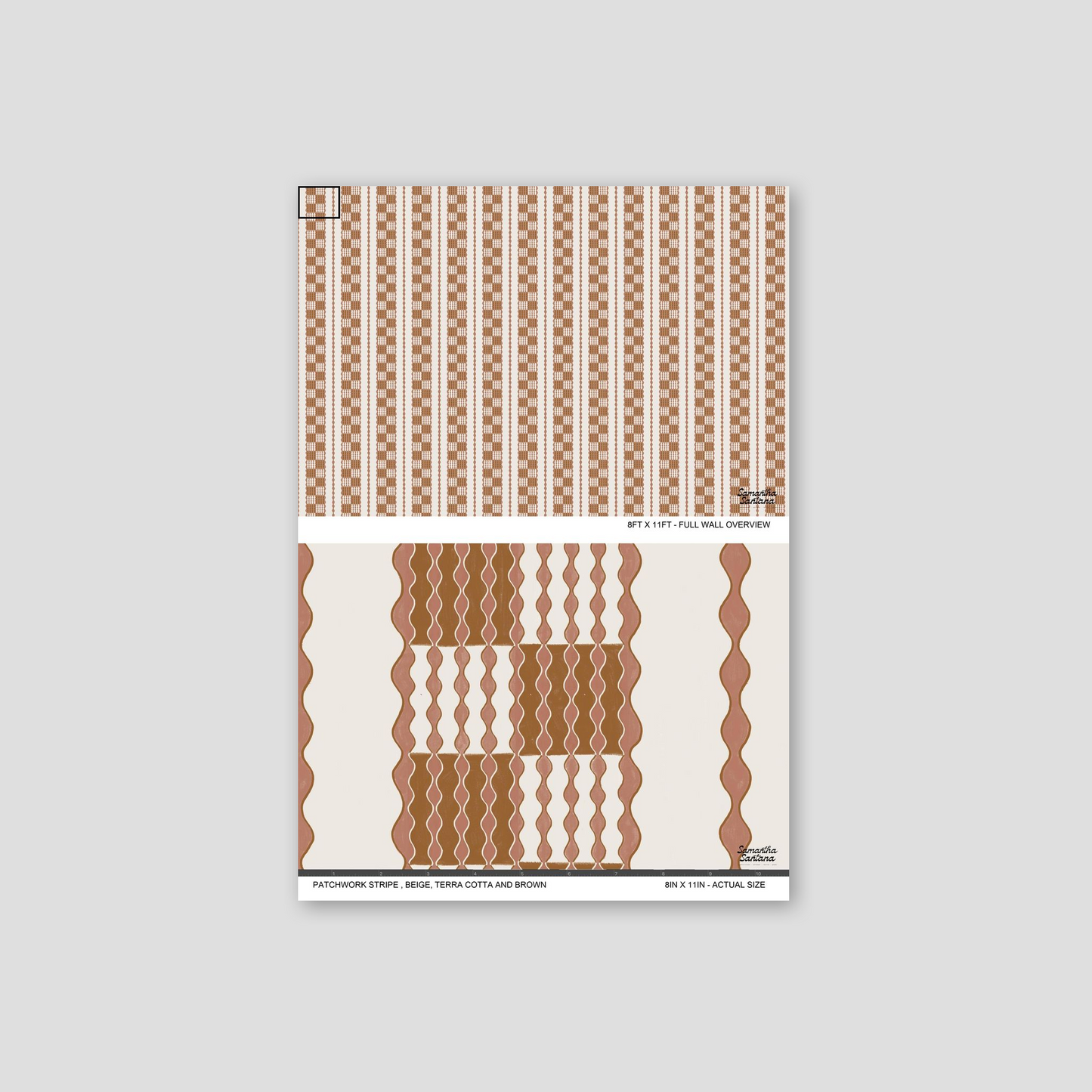 Patchwork Stripe Wallpaper with beige, terra cotta, and brown wavy stripes.
