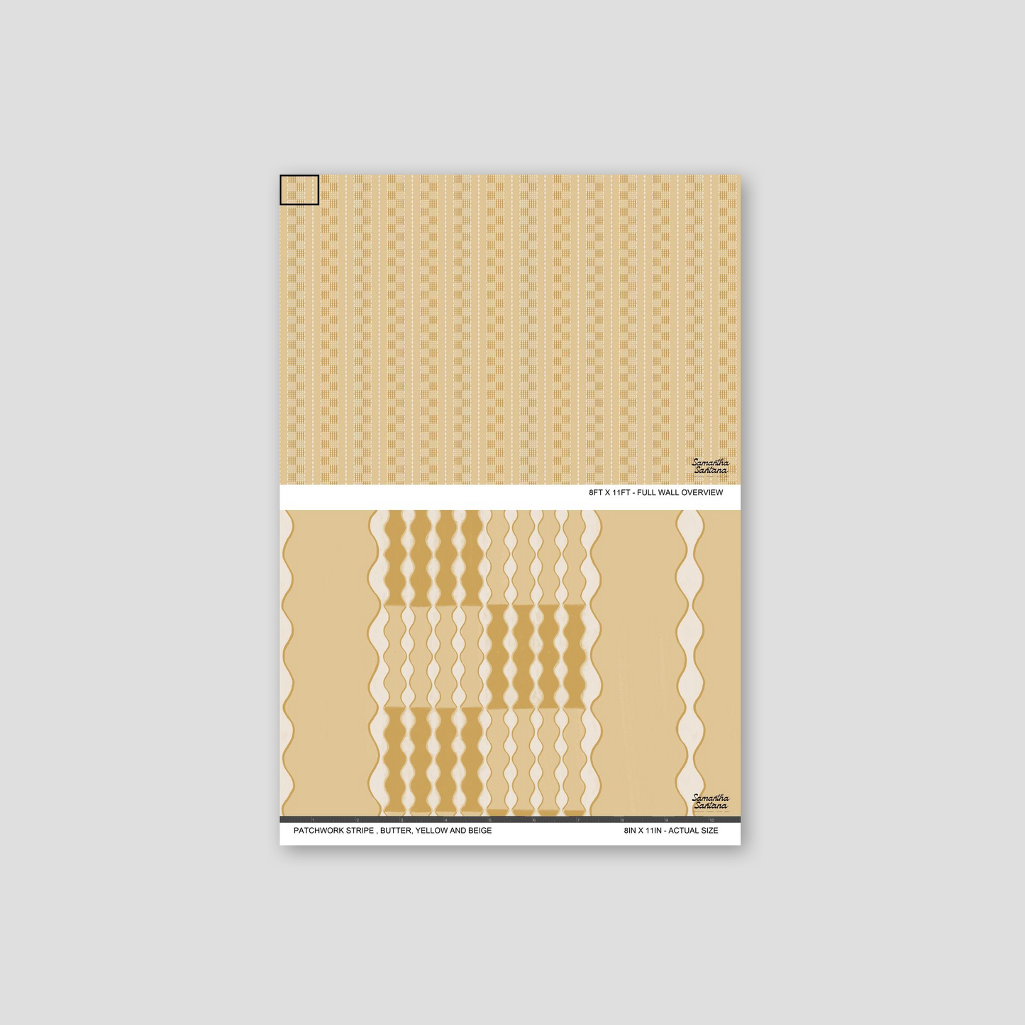 Patchwork Stripe Wallpaper sample in butter yellow and beige with wavy geometric pattern.