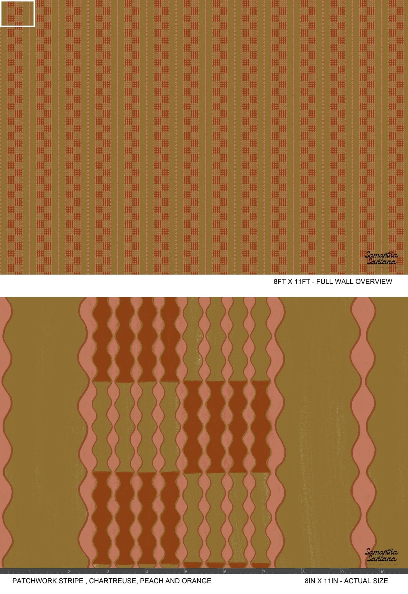 Patchwork stripe wallpaper in chartreuse, peach, and orange with wavy geometric patterns.