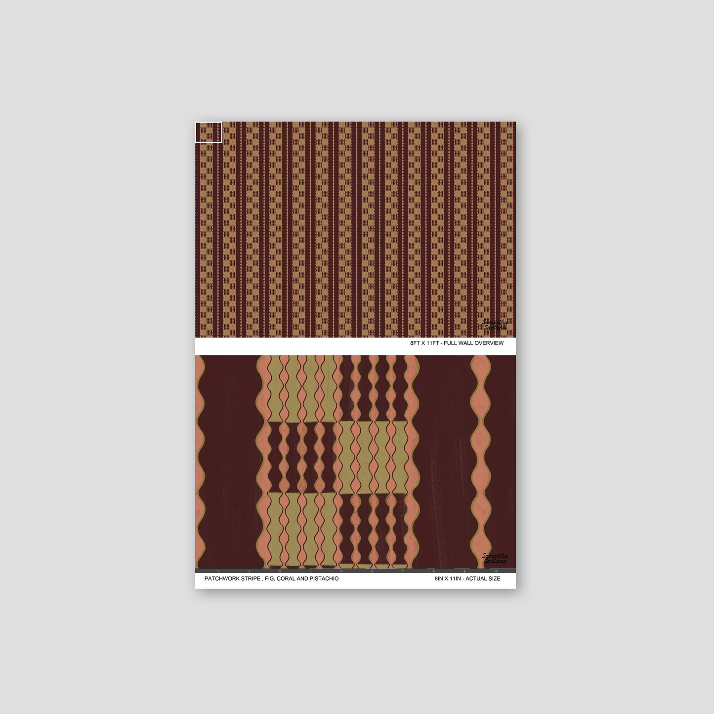 Patchwork stripe wallpaper with fig, coral, and pistachio wavy geometric pattern.