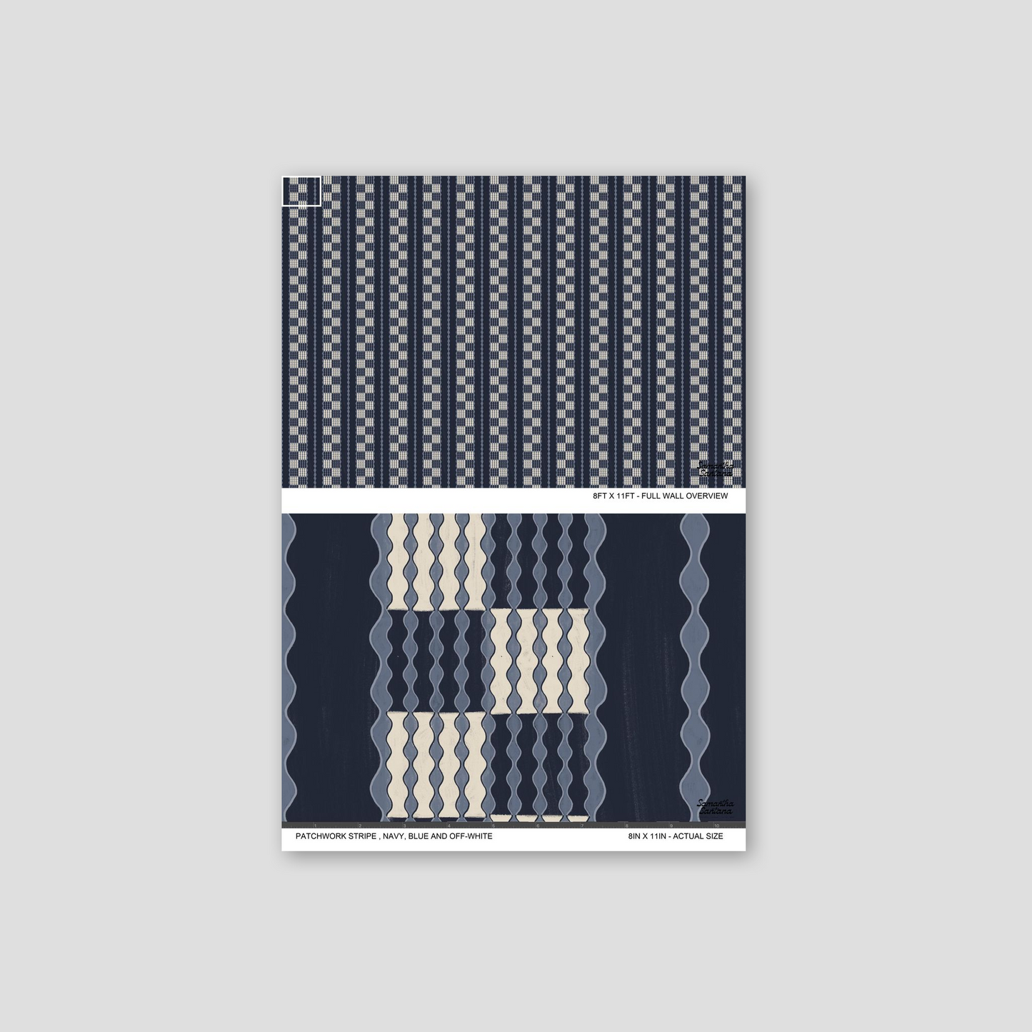 Patchwork Stripe Wallpaper with navy and off-white wavy and striped patterns.