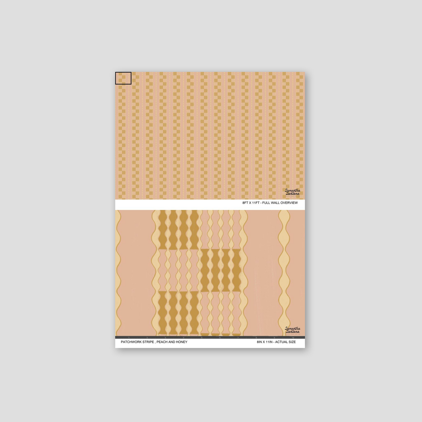 Patchwork stripe wallpaper in peach and honey tones with wavy geometric pattern.