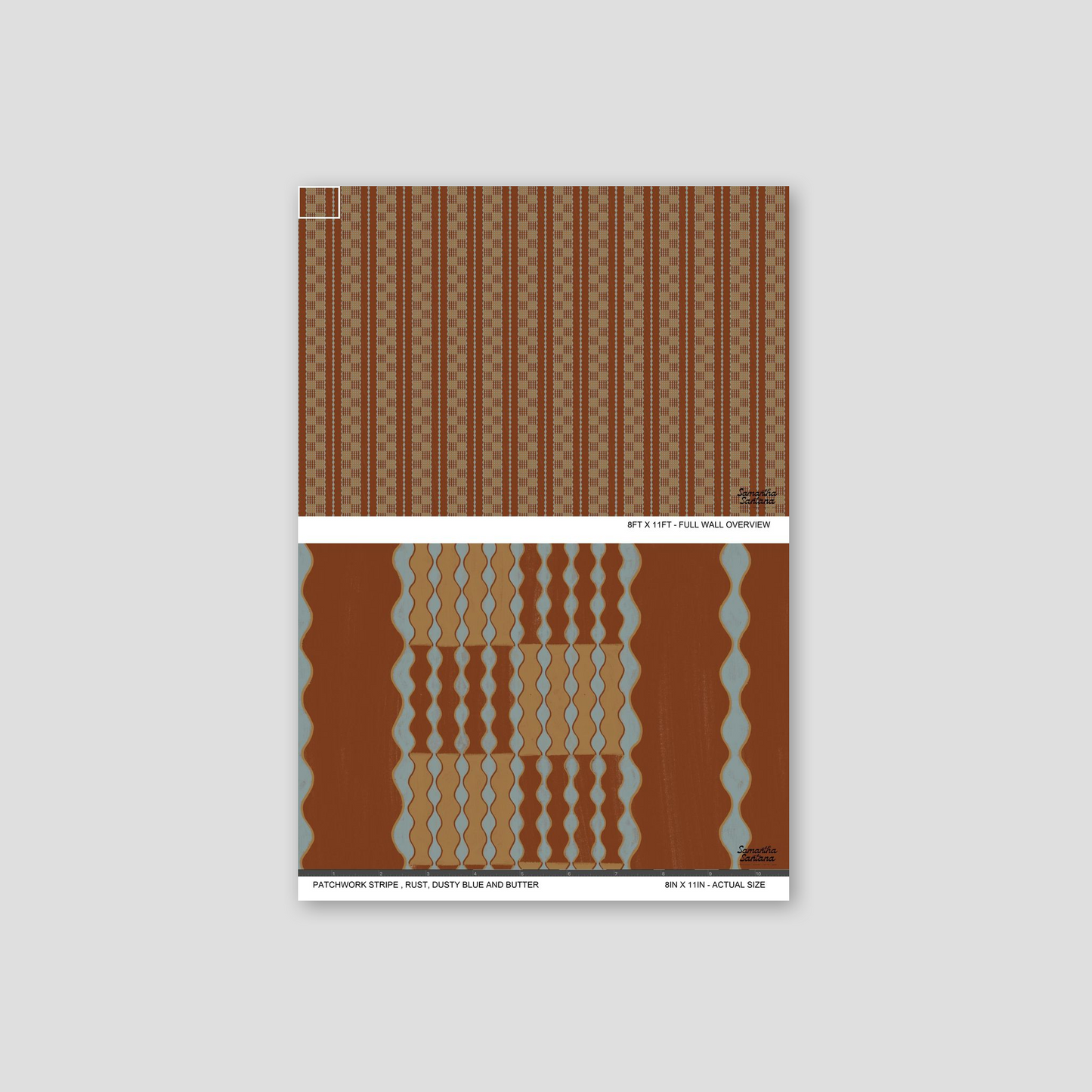 Patchwork Stripe Wallpaper in rust, dusty blue, and butter with geometric wavy patterns.