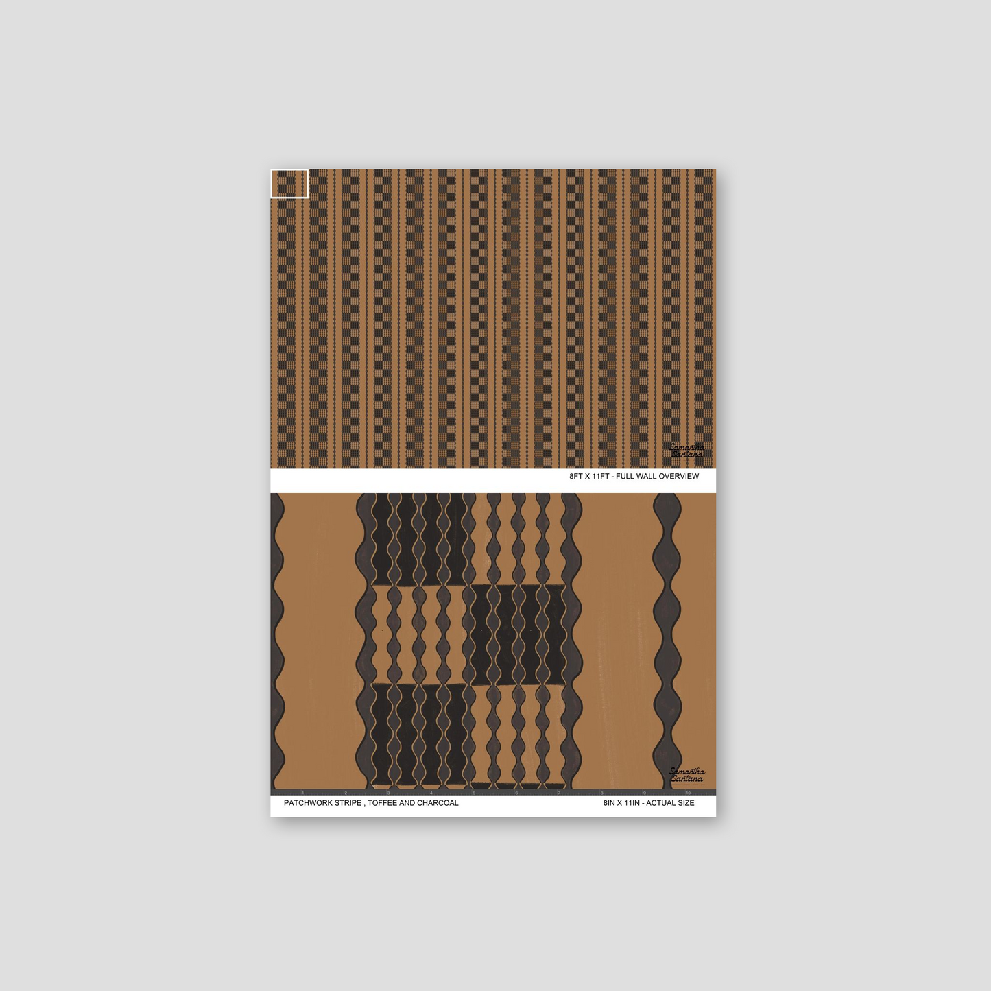 Patchwork Stripe wallpaper in toffee and charcoal with geometric patterns.