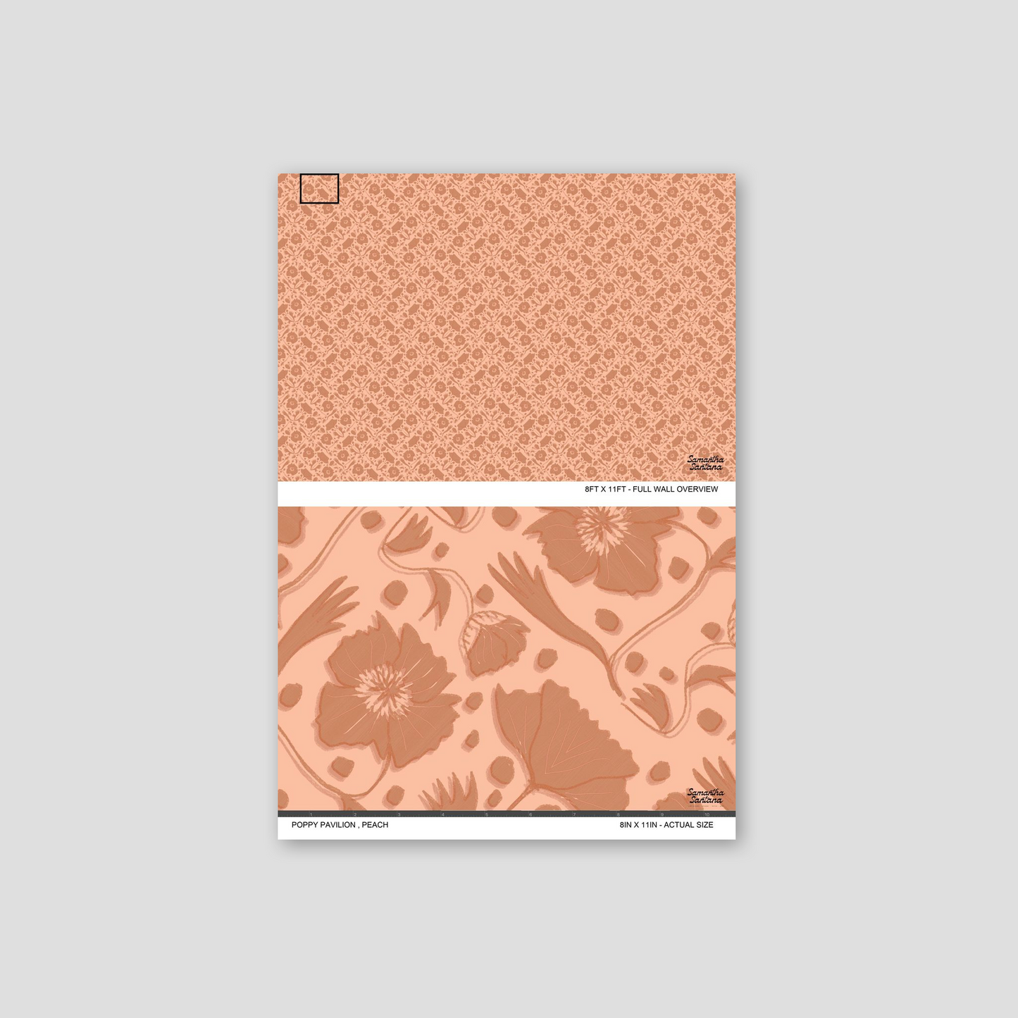 Peach floral wallpaper sample with intricate terracotta flowers.