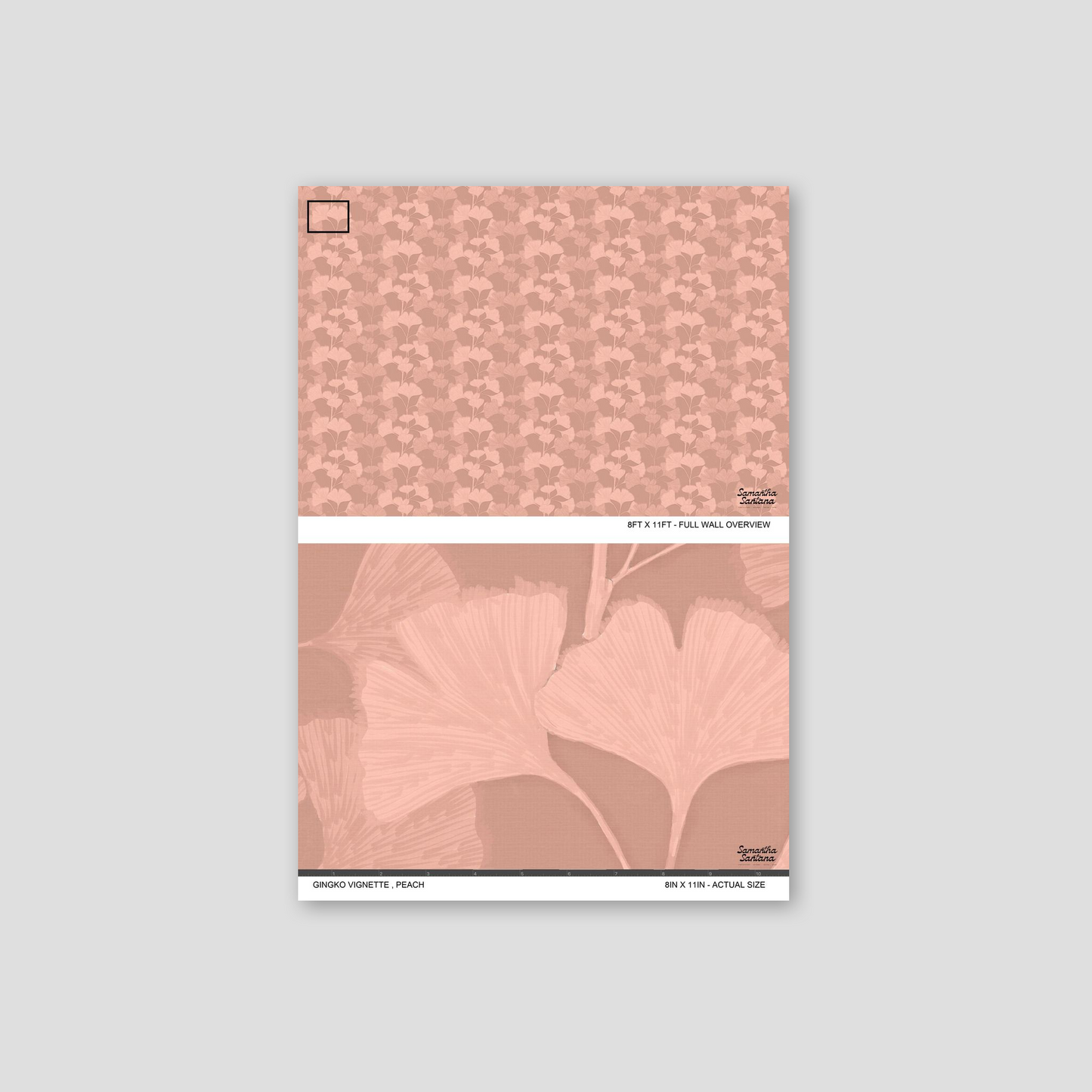 Peach ginkgo leaf pattern wallpaper sample with soft blush tones.