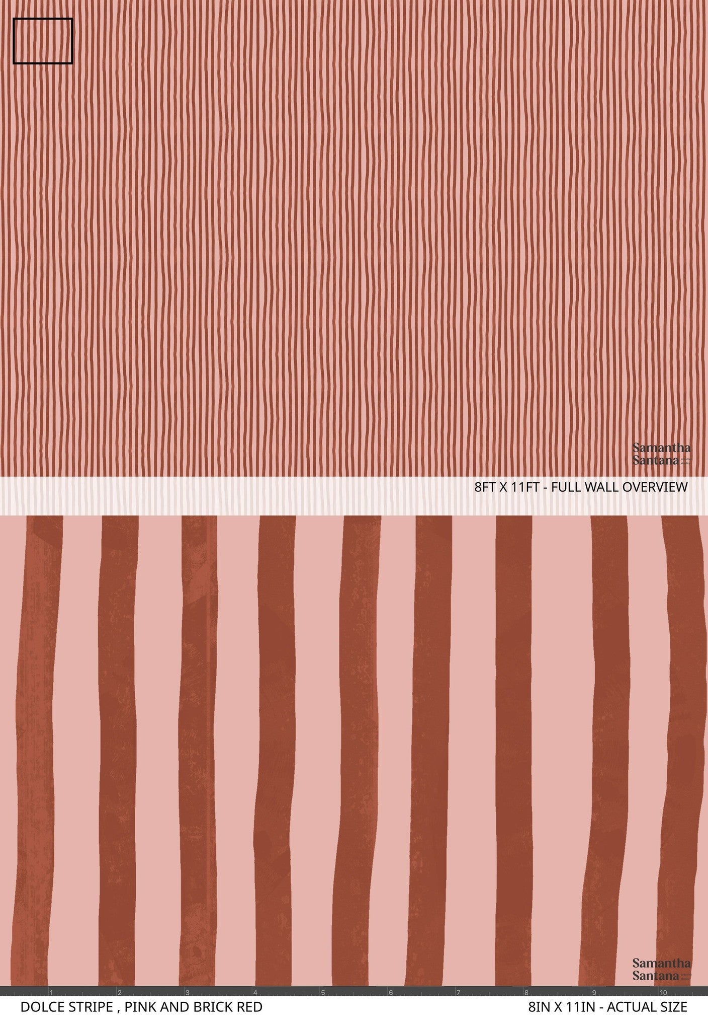 Pink and brick red striped wallpaper sample with vertical lines.
