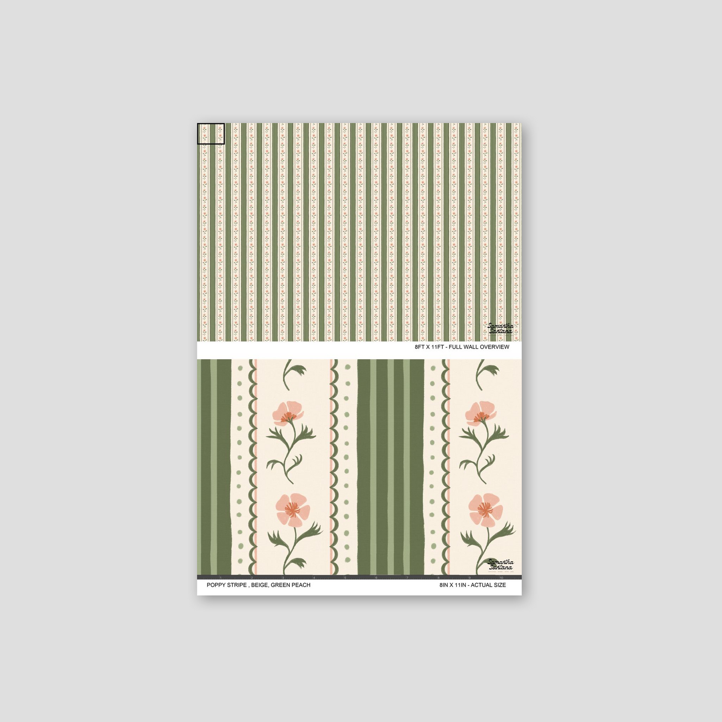 Poppy Stripe Wallpaper with green stripes and peach floral design on beige background.