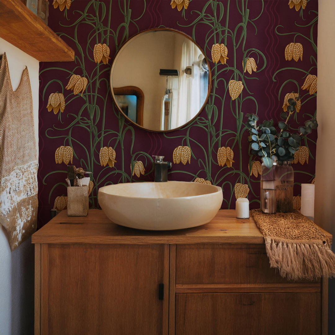 Campanas Wallpaper, eggplant and toffee