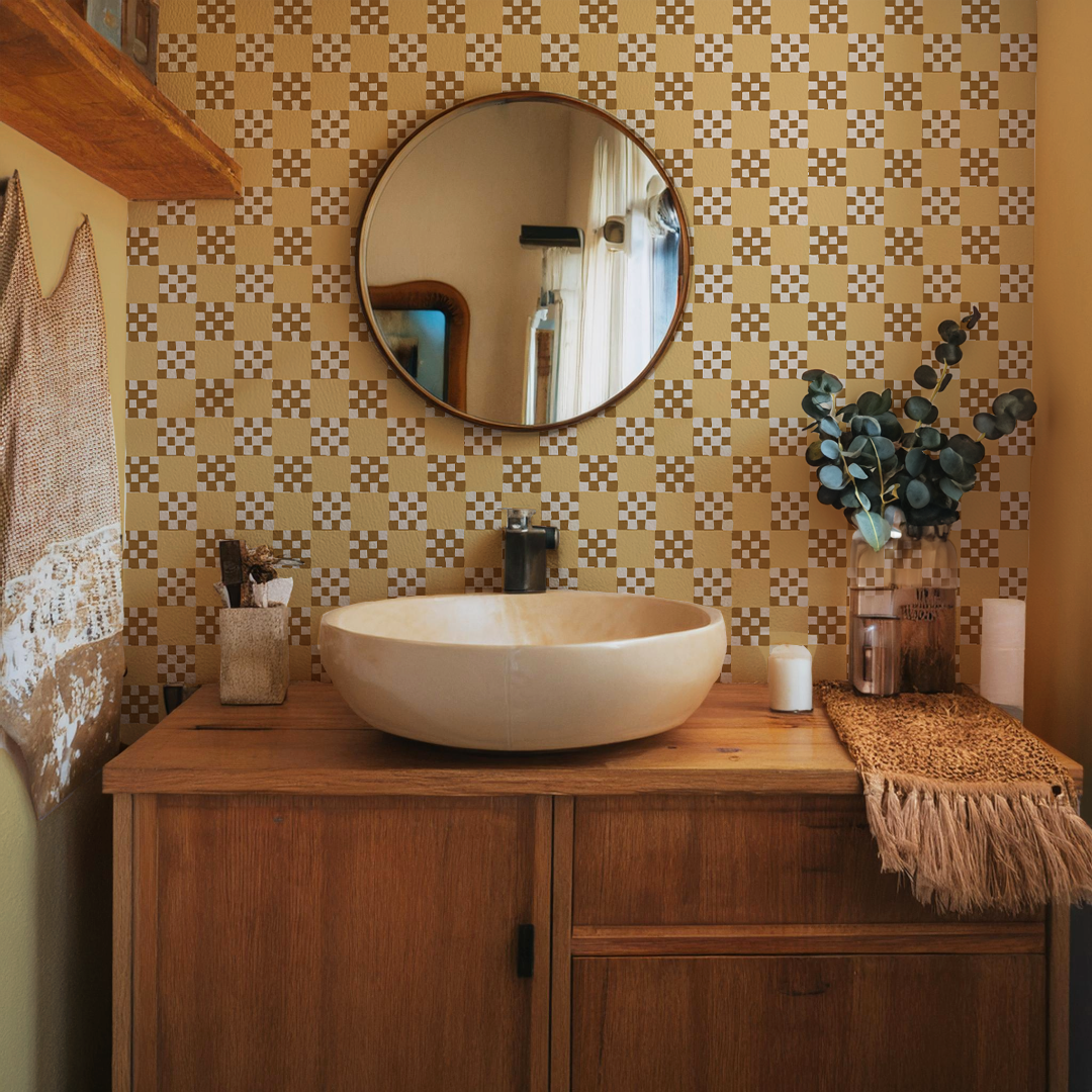 Checkered Quilt Wallpaper, butter yellow, brown and white