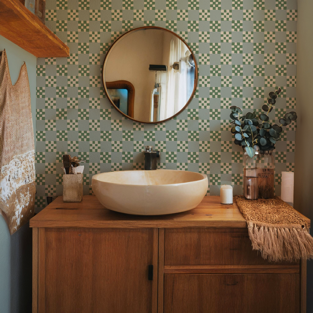 Checkered Quilt Wallpaper, mint, sage and white