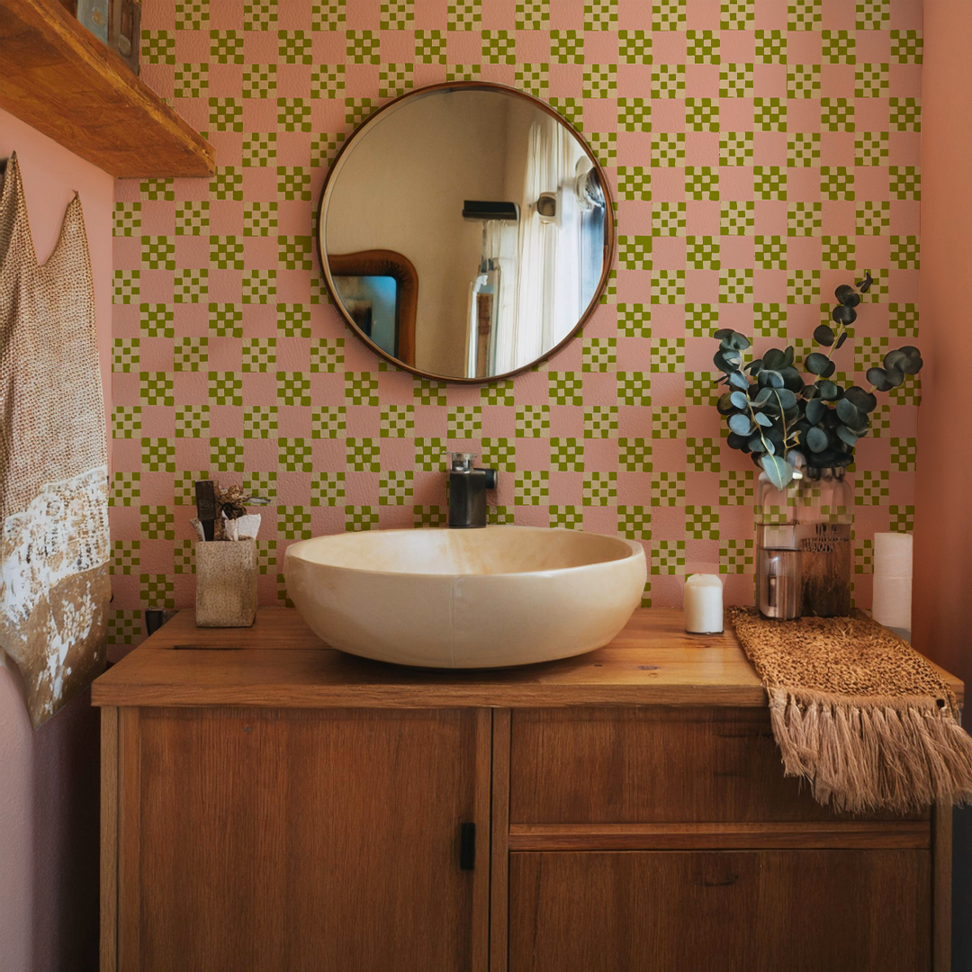 Checkered Quilt Wallpaper, pink, olive green and light beige