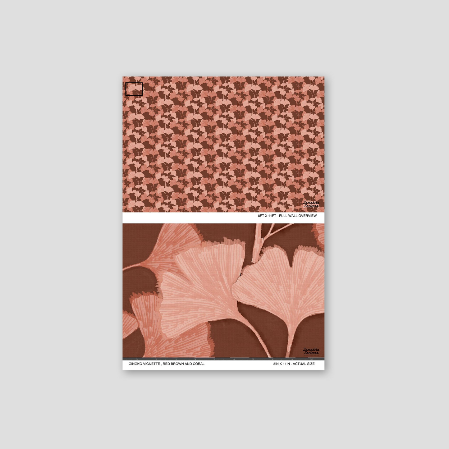 Red brown and coral ginkgo leaf wallpaper sample with intricate botanical design.