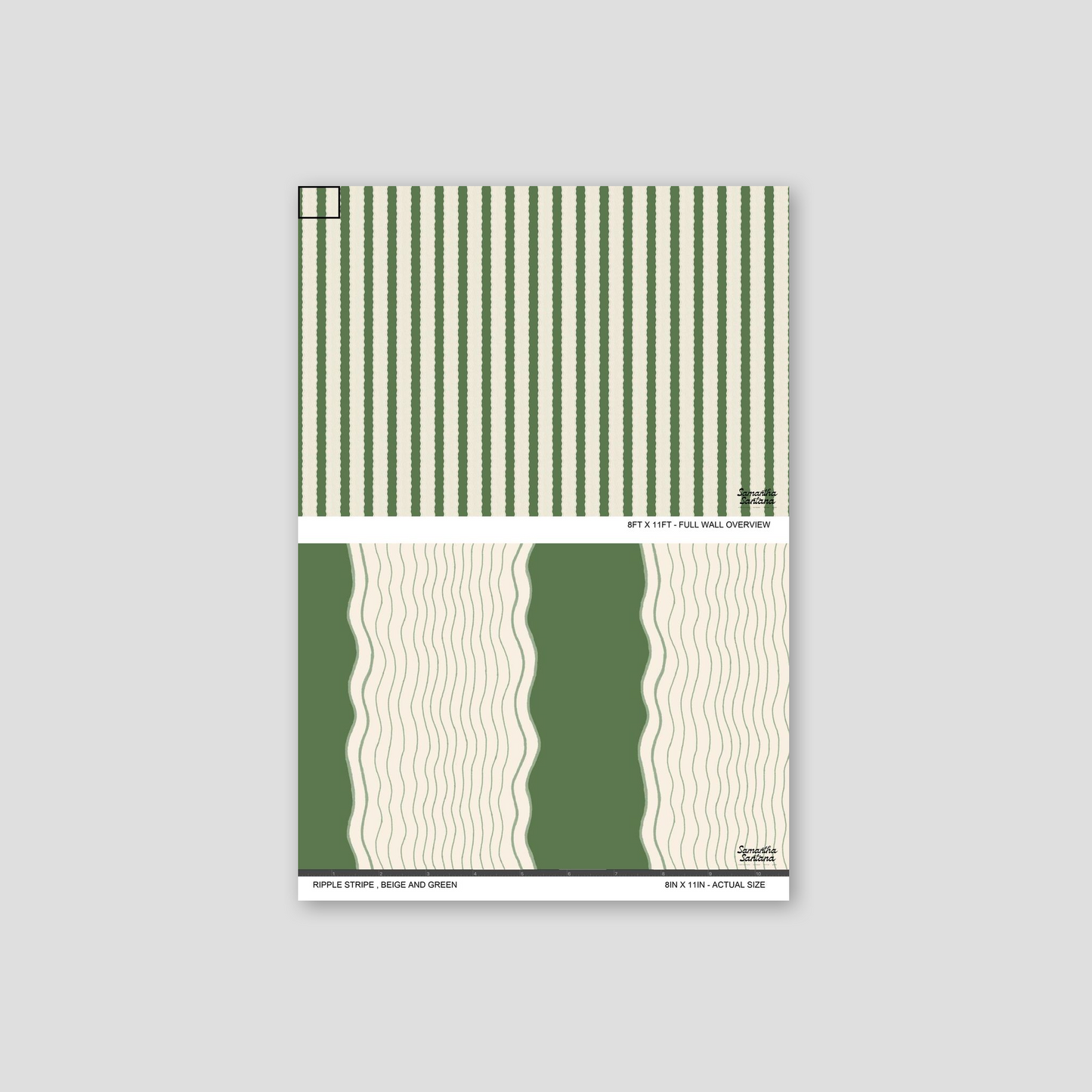 Ripple Stripe wallpaper sample with beige and green wavy stripes.