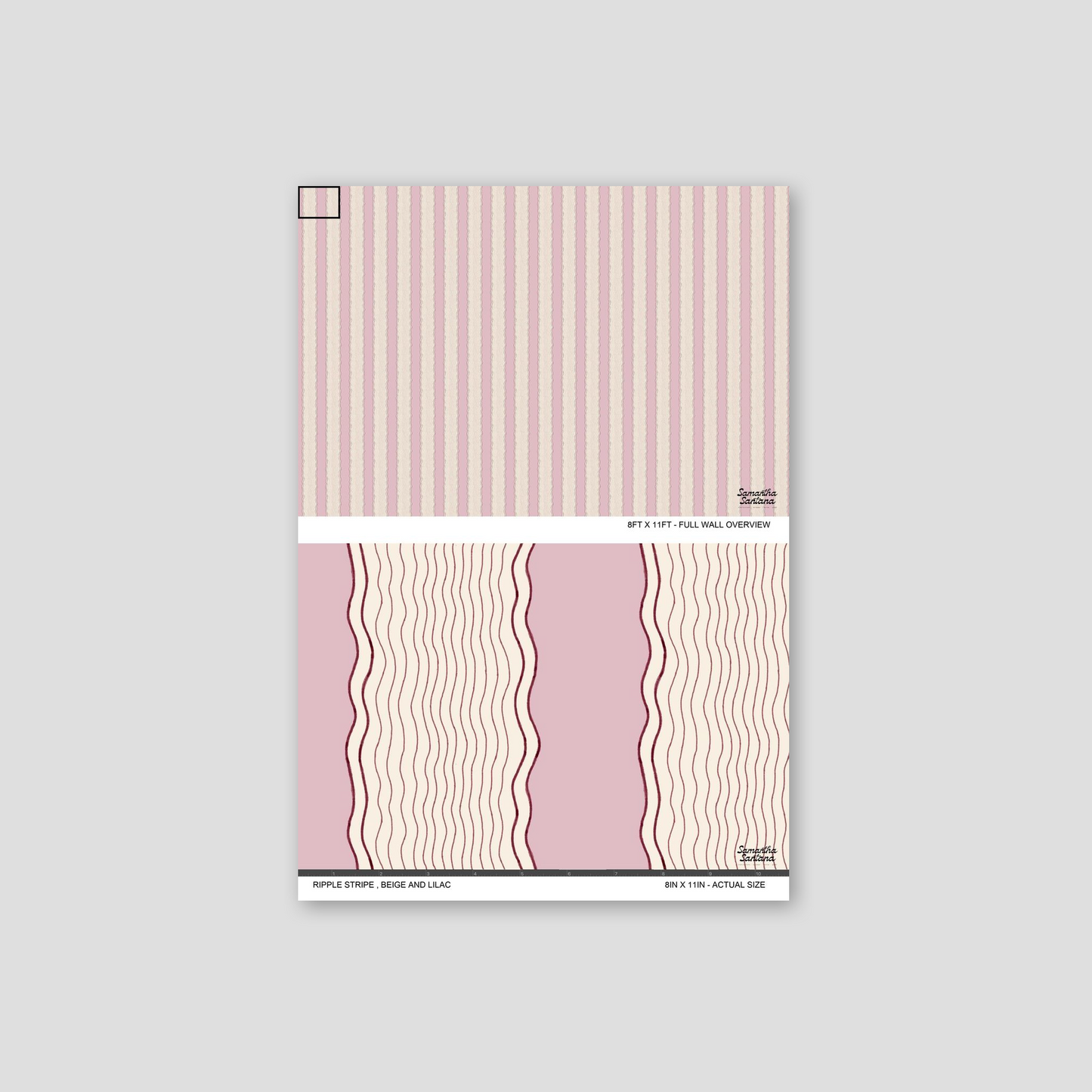 Ripple Stripe Wallpaper sample in beige and lilac with wavy lines.