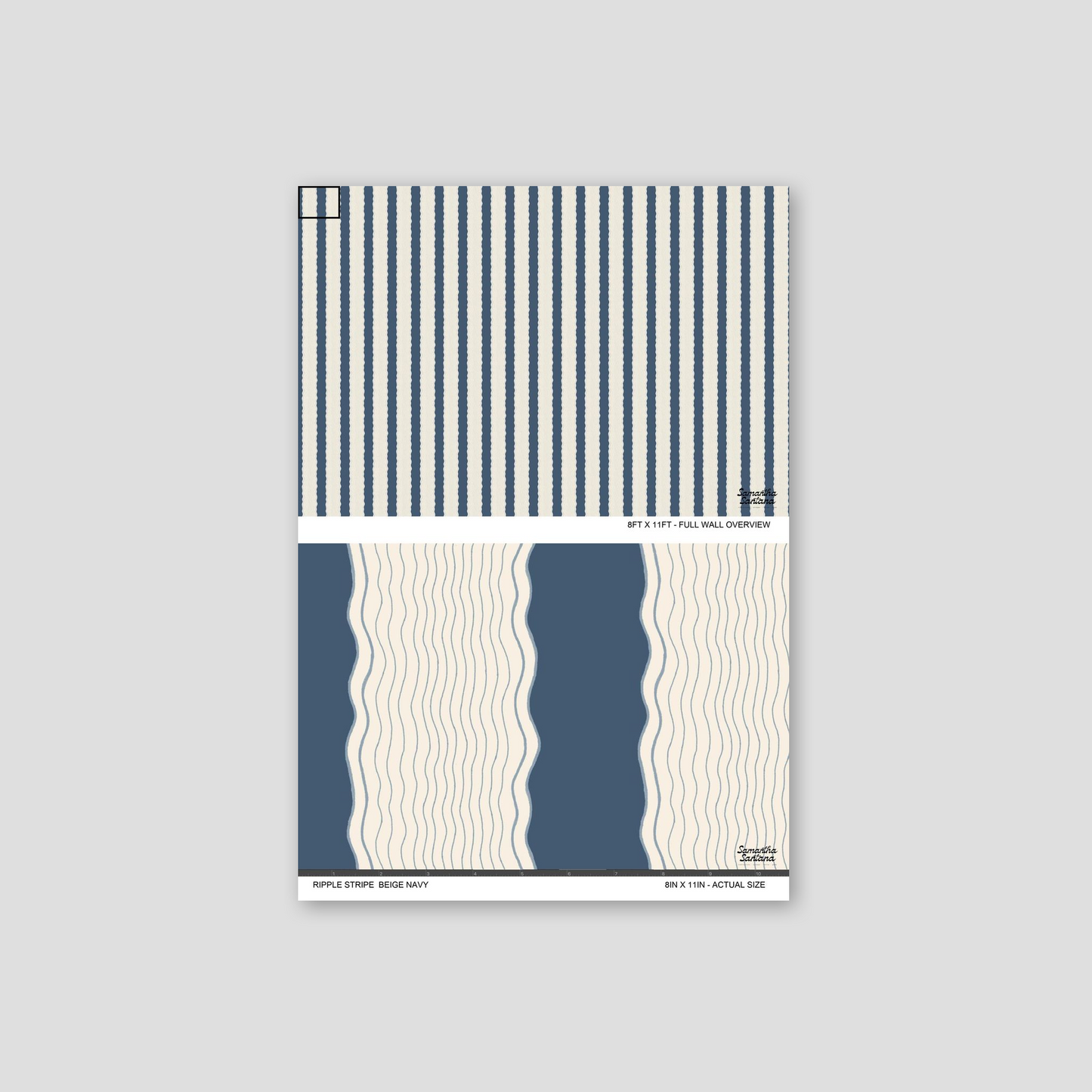 Ripple stripe wallpaper in beige and navy with wavy geometric pattern.