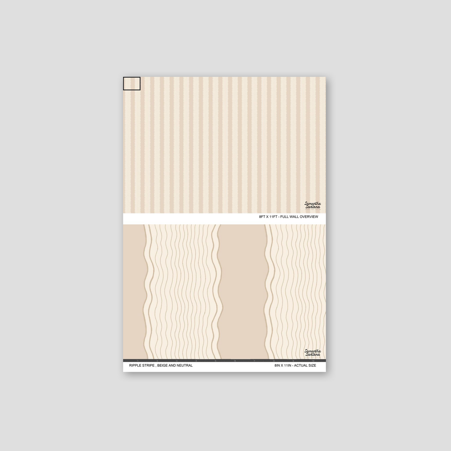 Ripple stripe wallpaper sample in beige with neutral wavy lines.