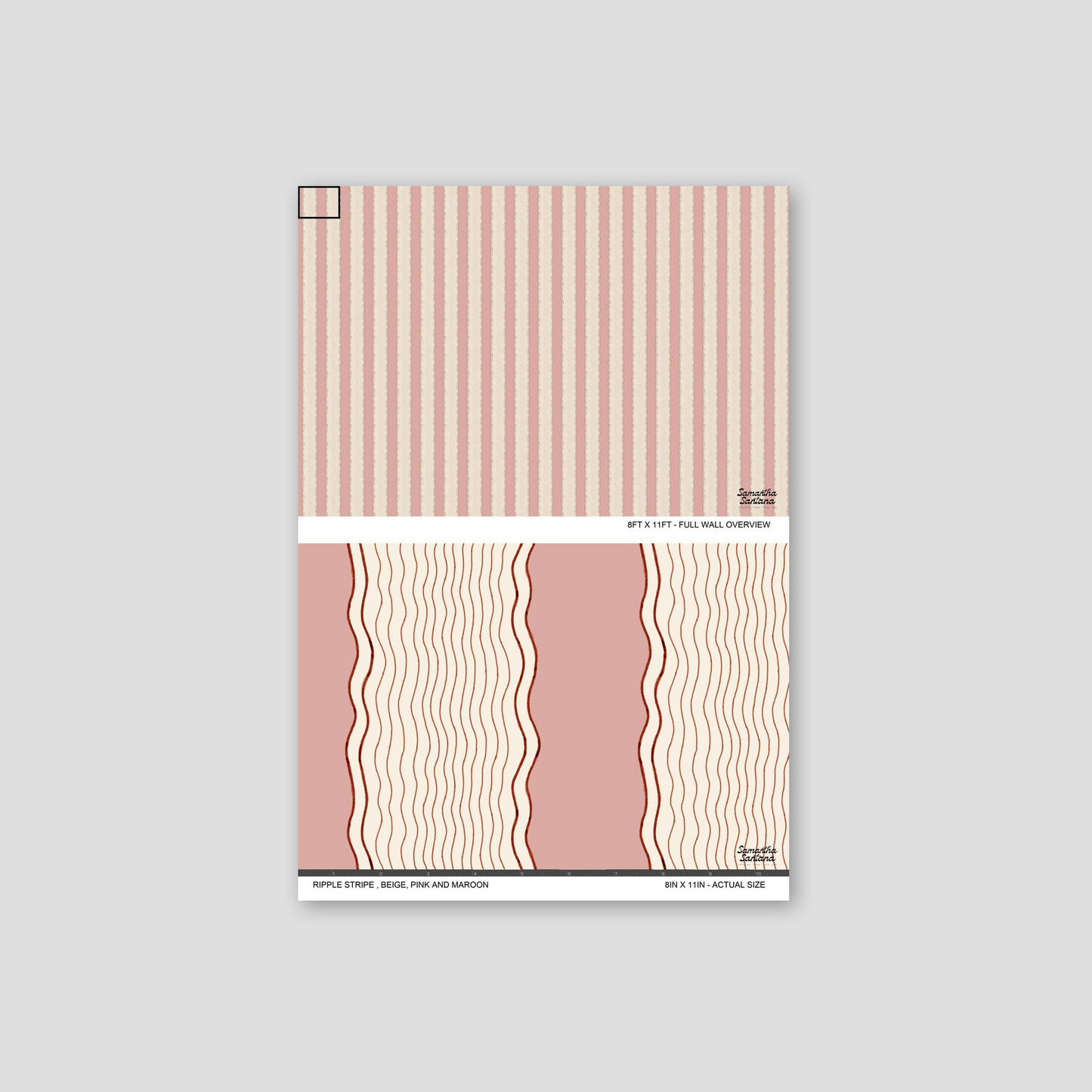 Ripple Stripe Wallpaper sample with beige, pink, and maroon wavy stripes.