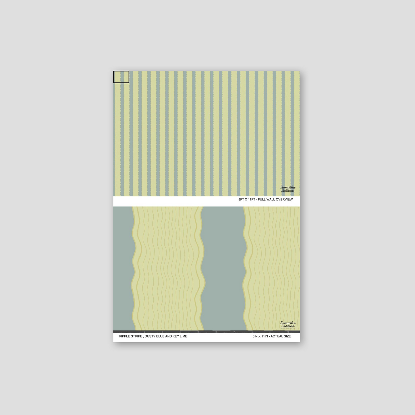 Ripple Stripe Wallpaper sample in dusty blue and key lime with wavy stripes.