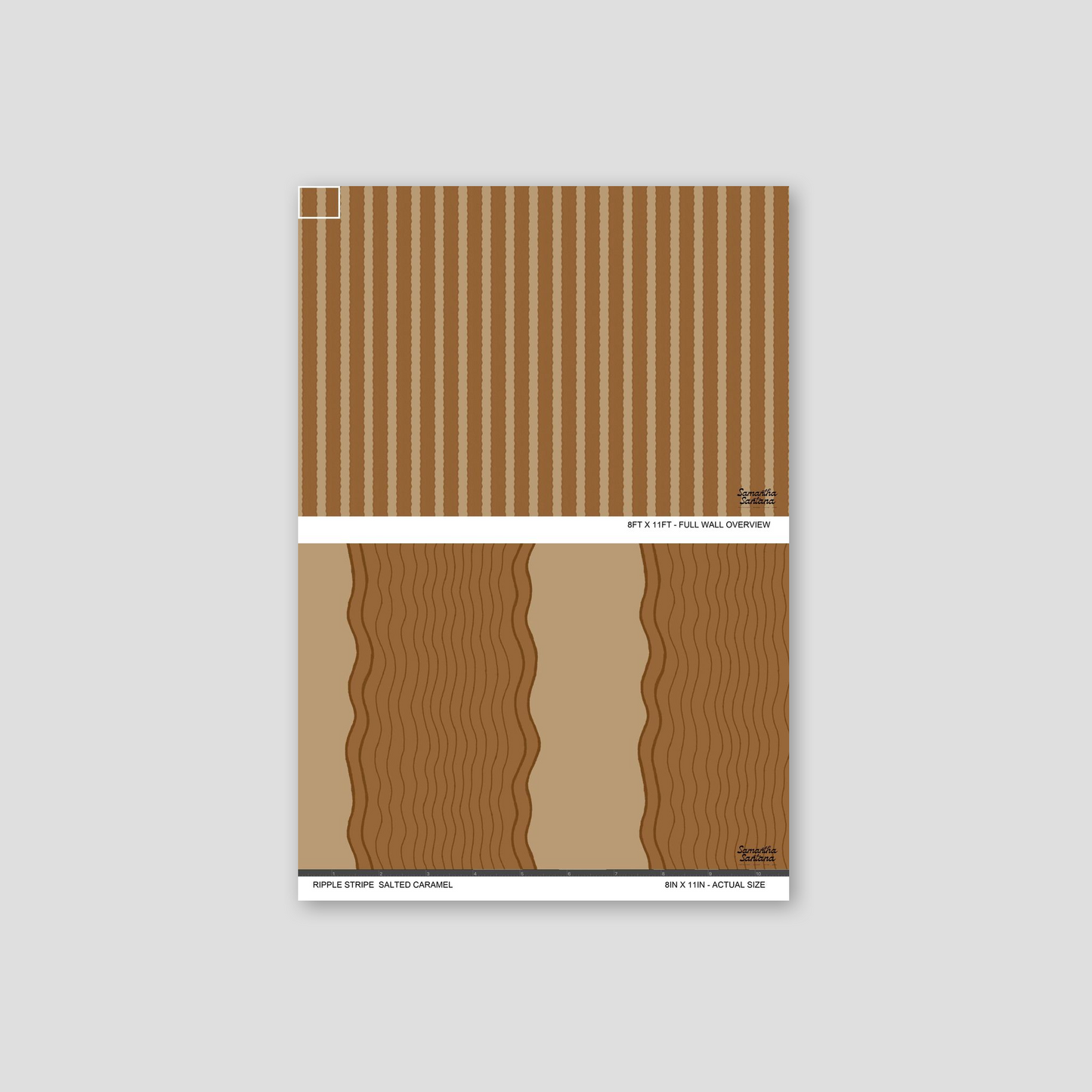 Ripple Stripe Wallpaper in salted caramel with wavy brown stripes.