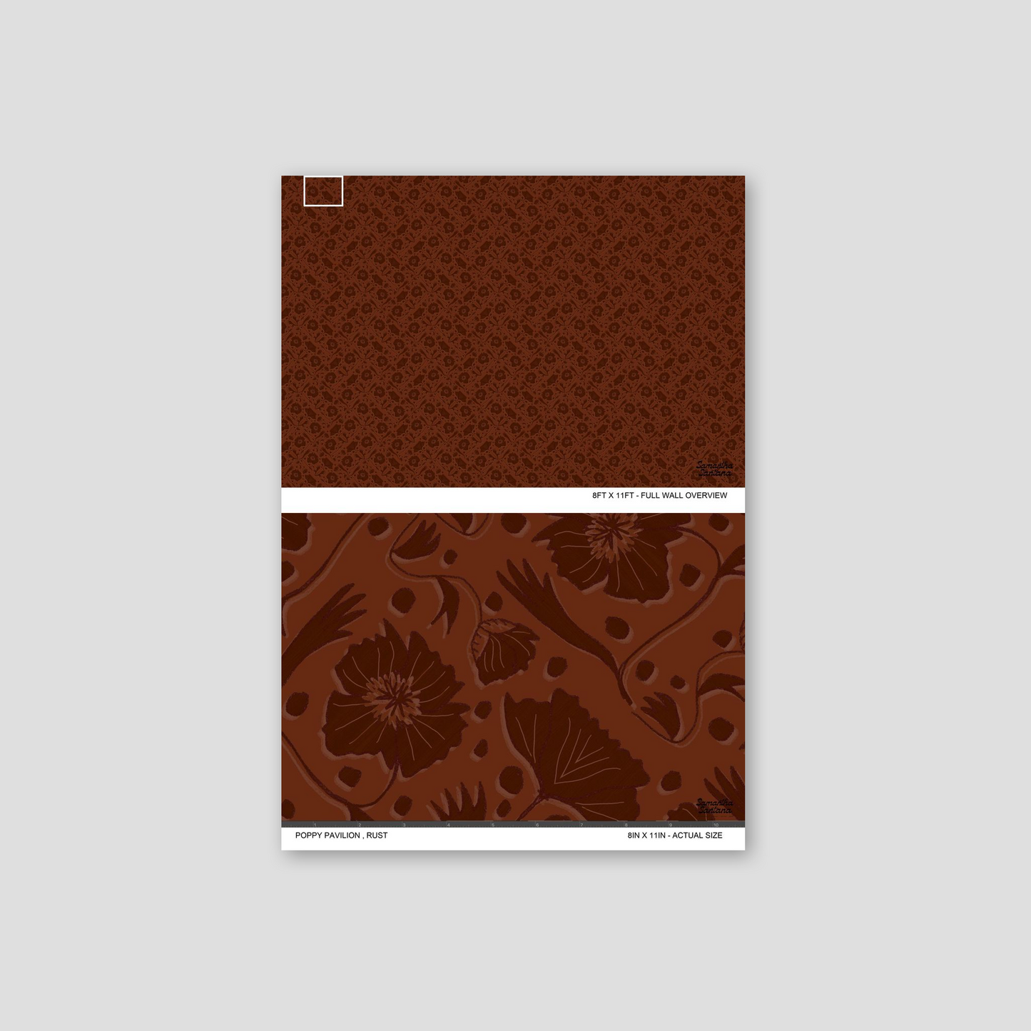 Rust floral wallpaper with intricate poppy design, sample view.