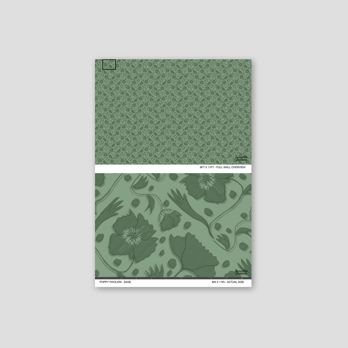 Sage green floral wallpaper with intricate botanical pattern sample.
