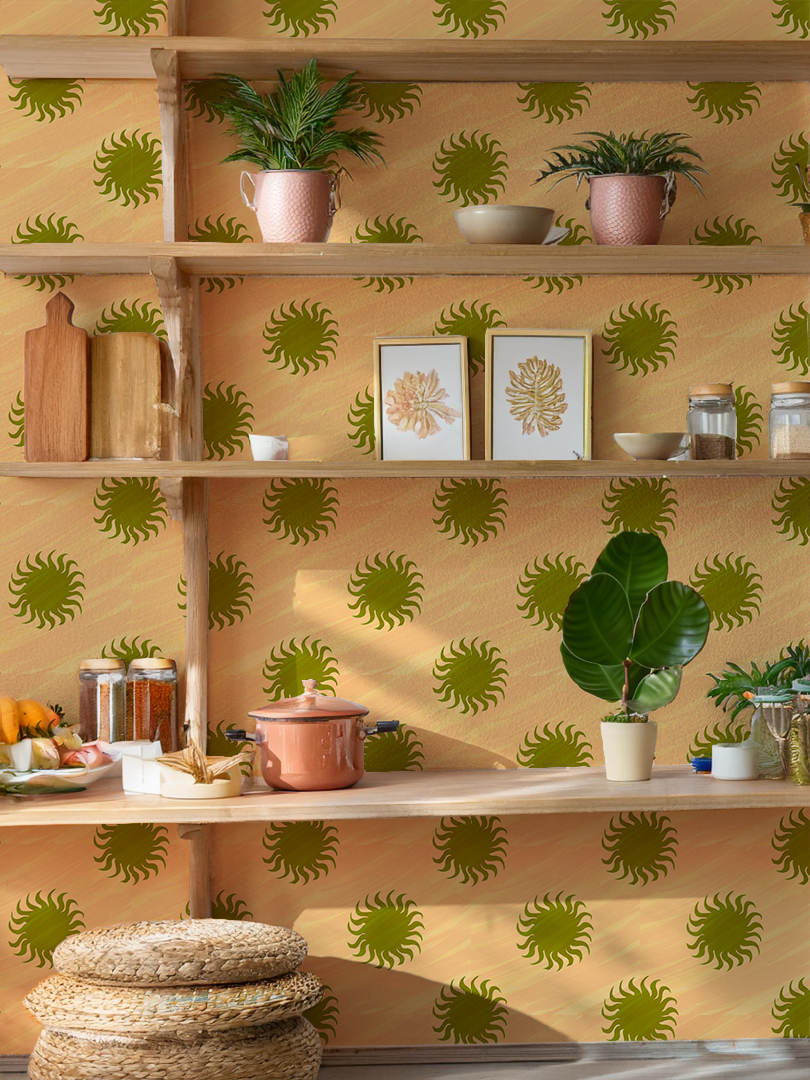 Sol Wallpaper, peach and olive green