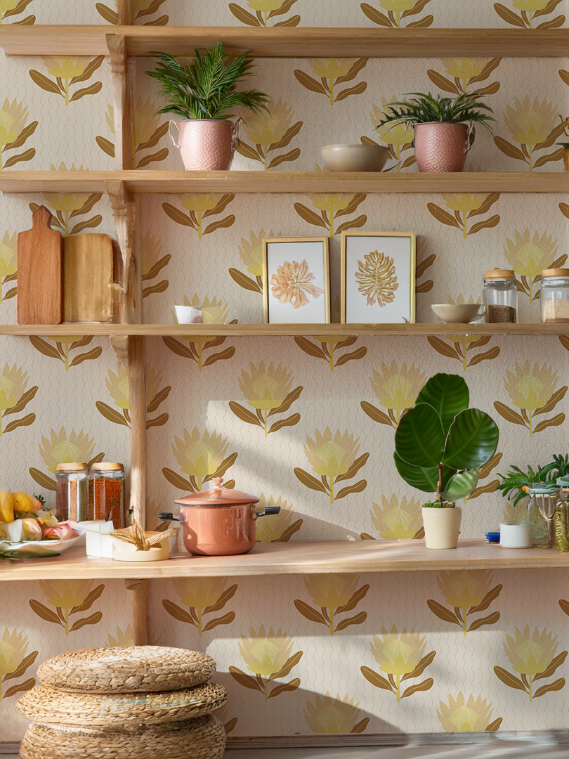 King Protea Wallpaper, neutral and brown mustard