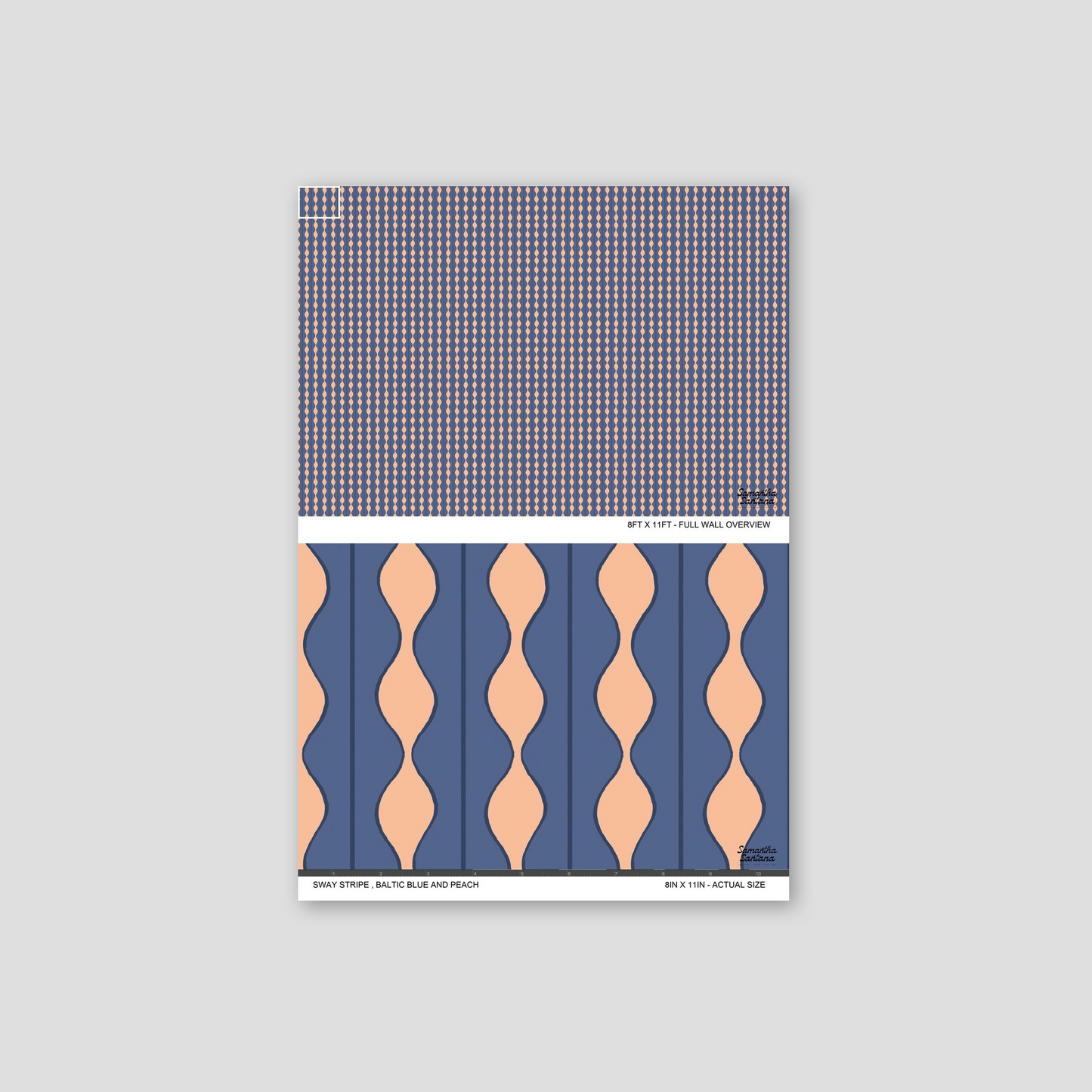 Sway Stripe wallpaper in baltic blue and peach with wavy geometric pattern.