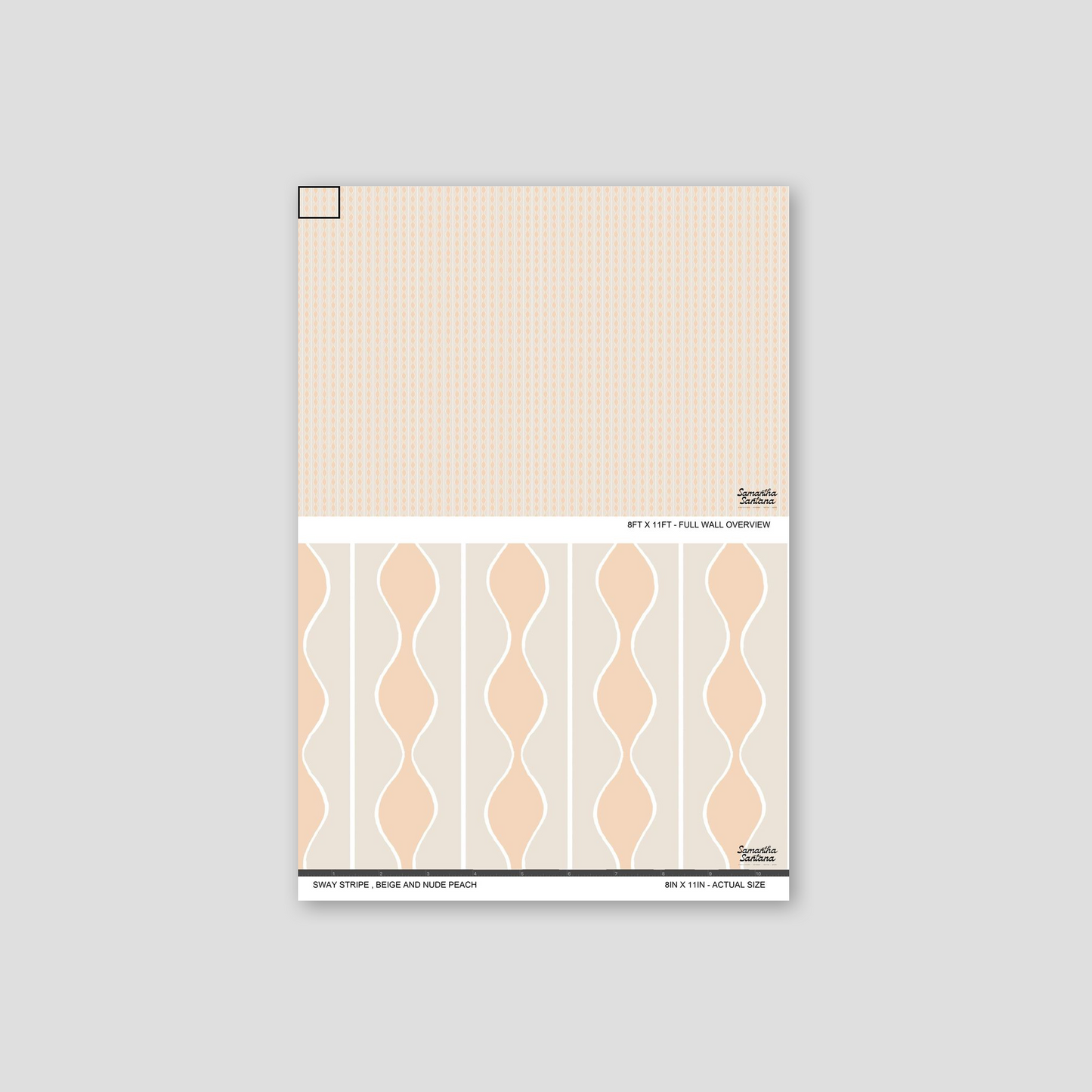 Sway Stripe Wallpaper sample in beige and nude peach with wavy lines.