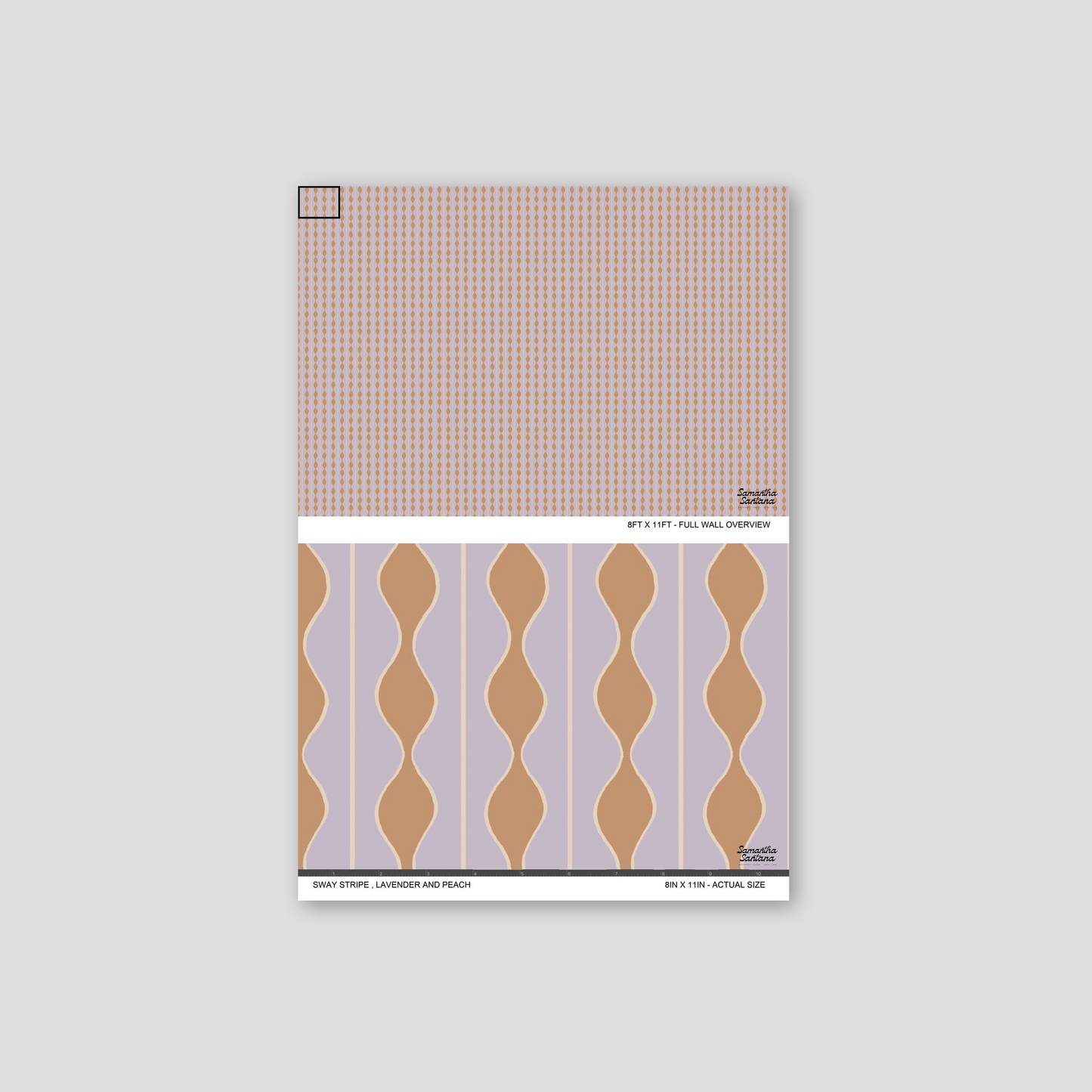 Sway Stripe Wallpaper with lavender and peach wavy stripes, geometric pattern.