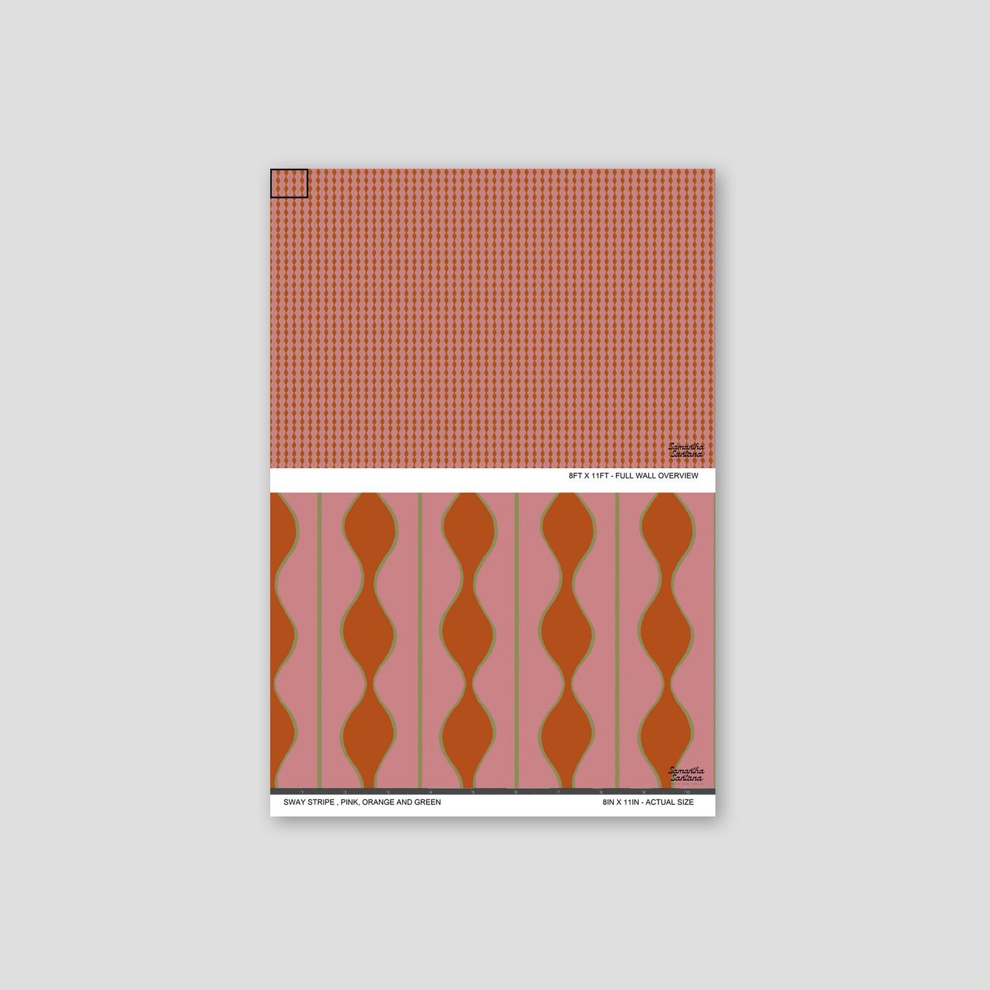 Sway Stripe Wallpaper sample with pink, orange, and green wavy stripes.