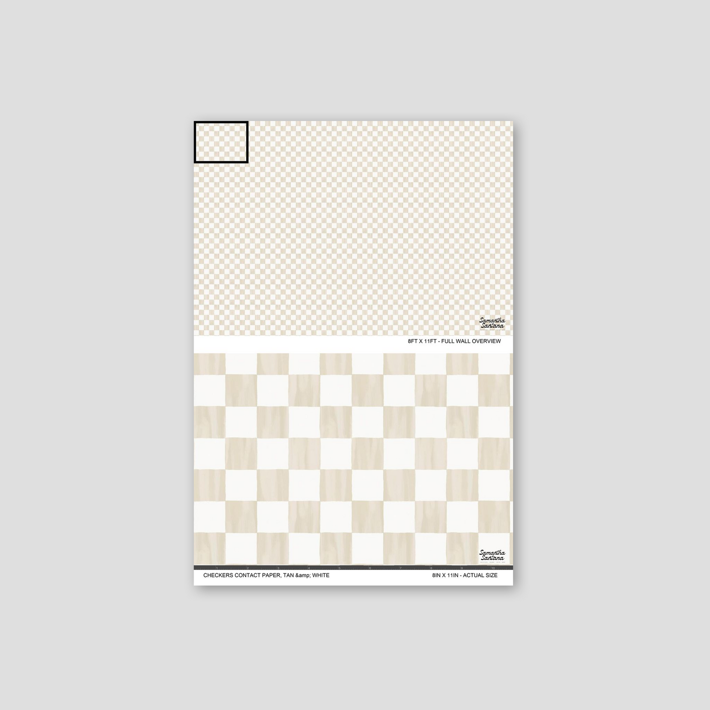 Tan and white checkered contact paper, shelf liner sample with soft geometric pattern