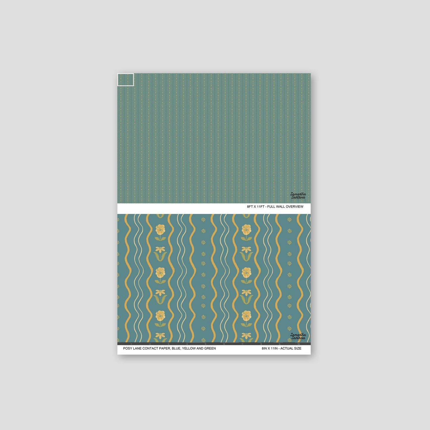 Teal contact paper, shelf liner with yellow flowers and wavy lines, botanical pattern