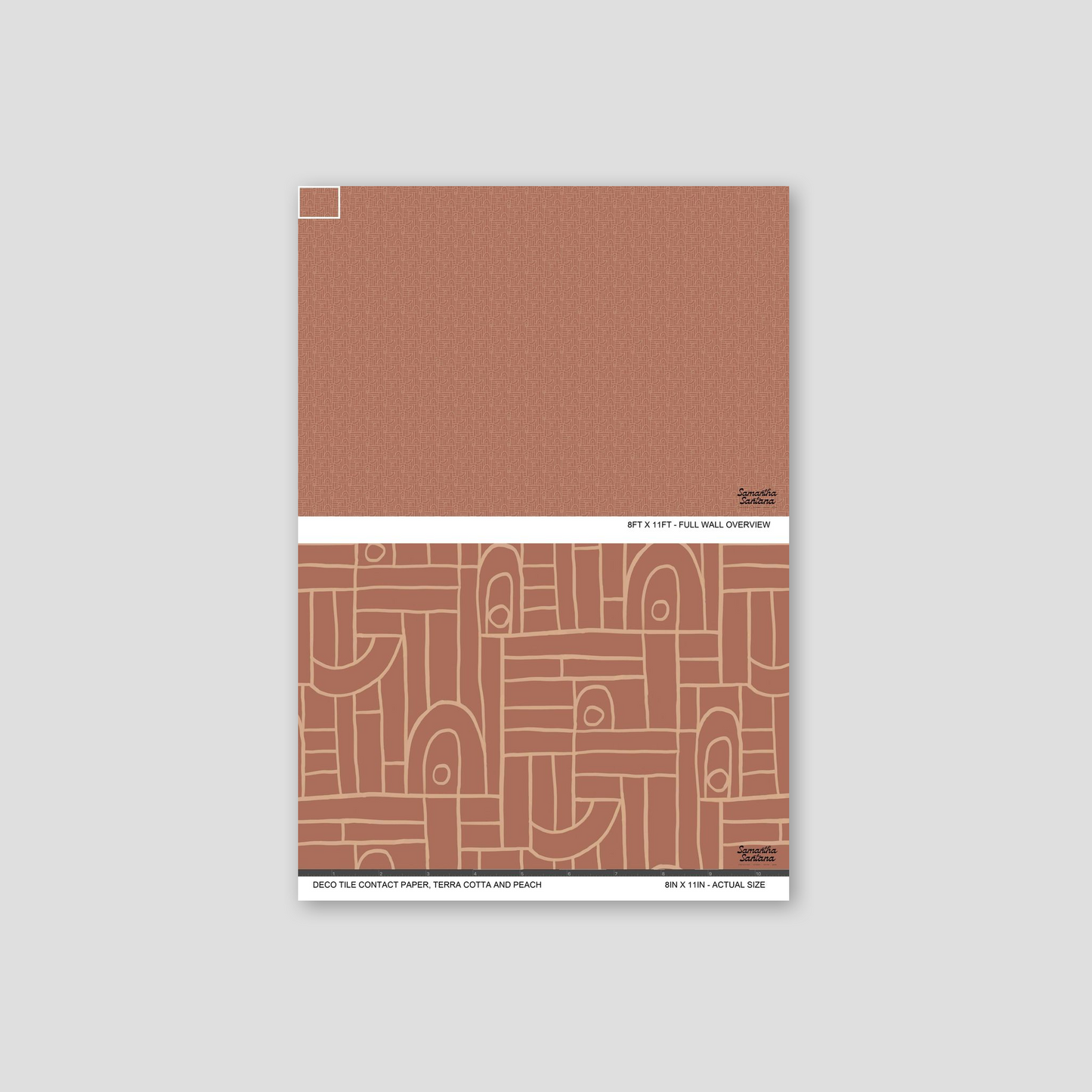 Terra cotta and peach geometric contact paper, shelf liner sample with abstract motifs.