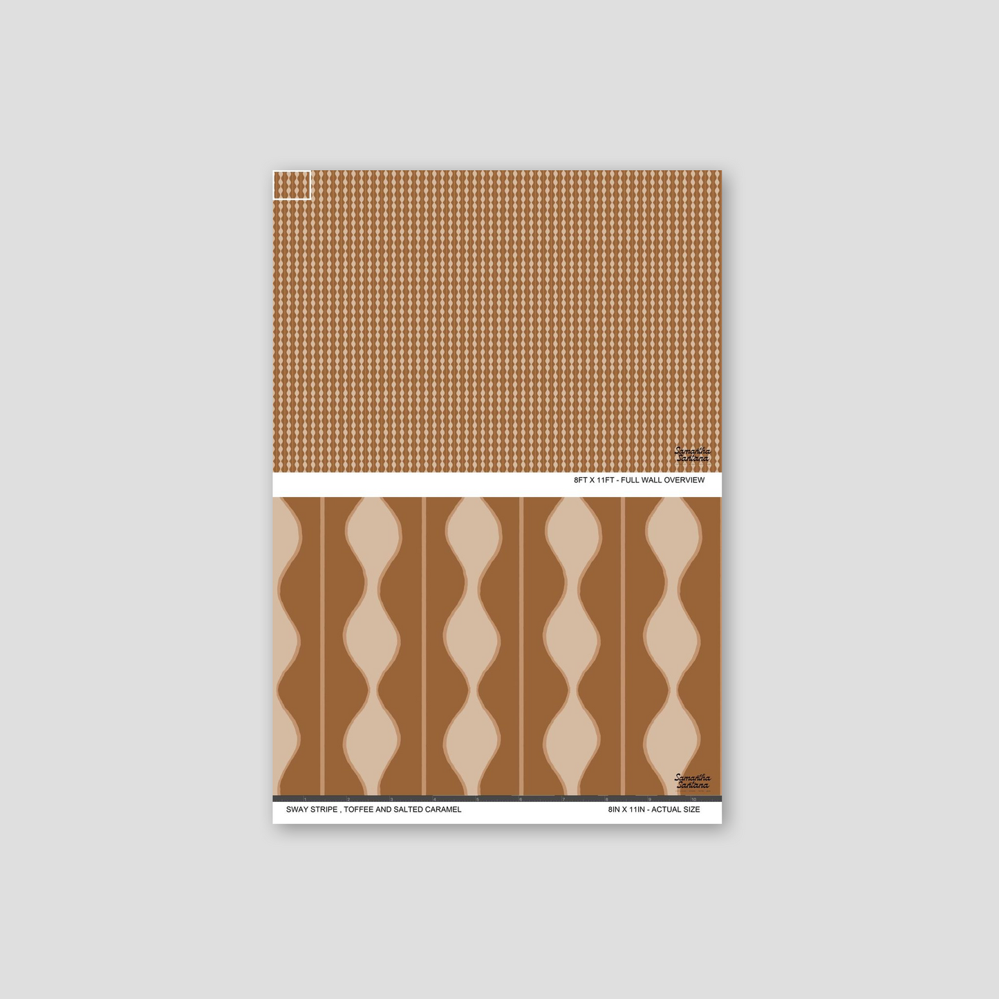 Toffee and salted caramel wavy stripe wallpaper sample.