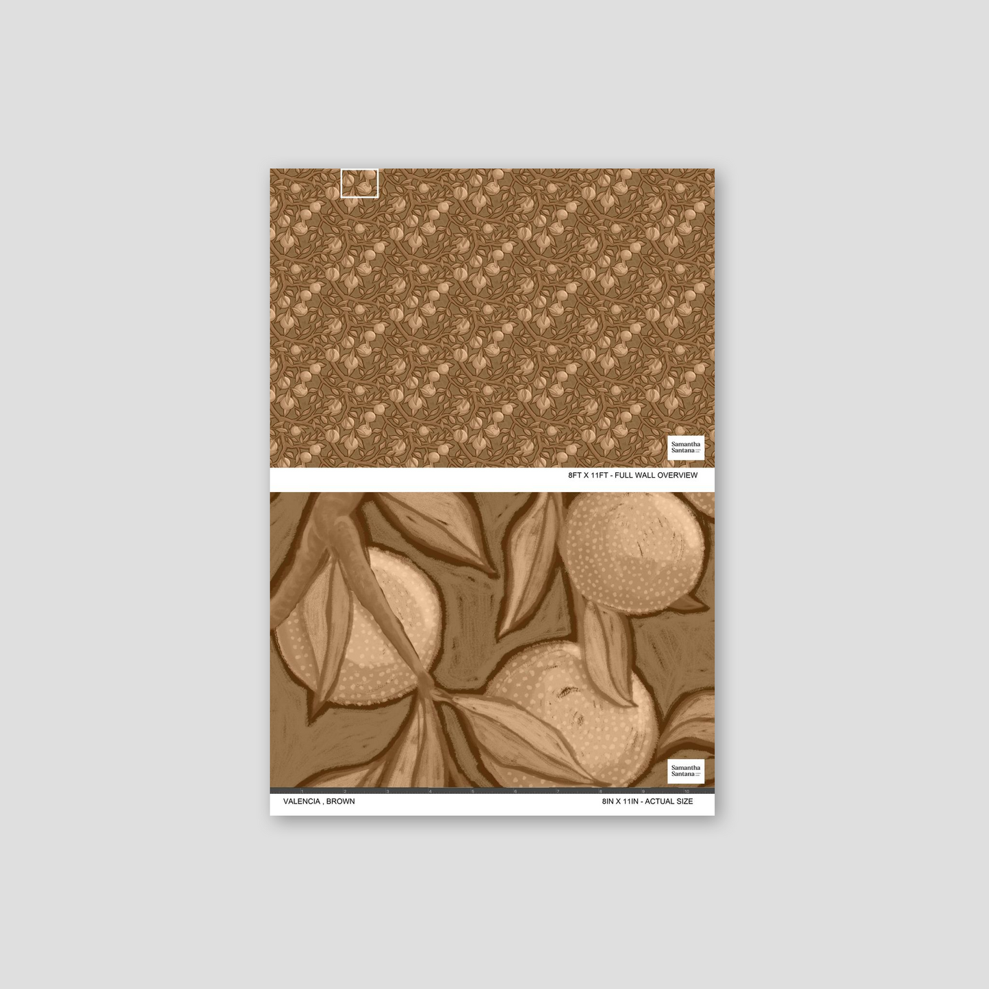 Valencia coco wallpaper with brown fruit and leaf pattern, textured and rustic.
