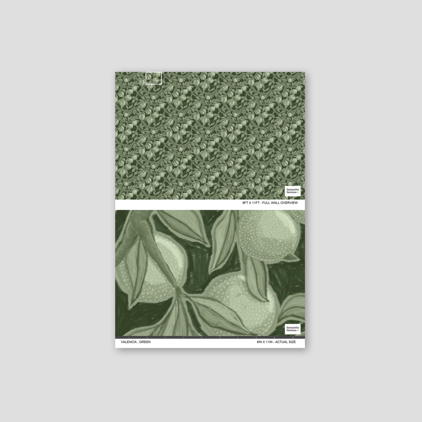 Valencia green botanical wallpaper with intricate leaves and fruits pattern.