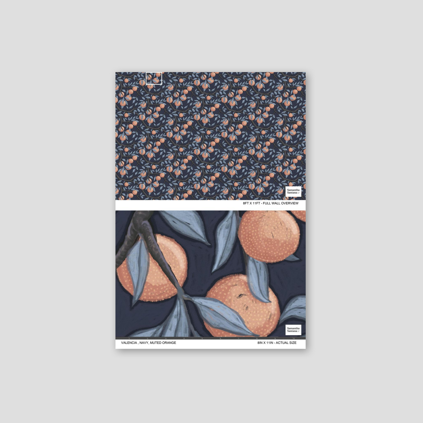 Navy wallpaper with orange fruit and blue foliage pattern, Valencia design.