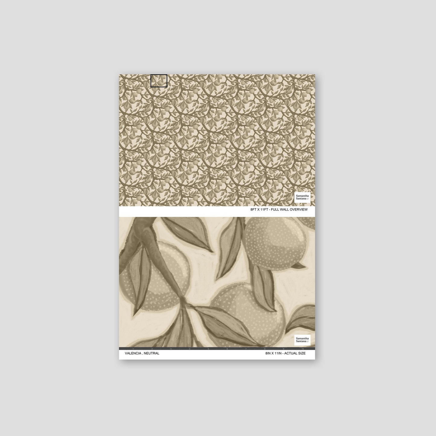Valencia neutral wallpaper sample with intricate branches and fruit design in soft tones.