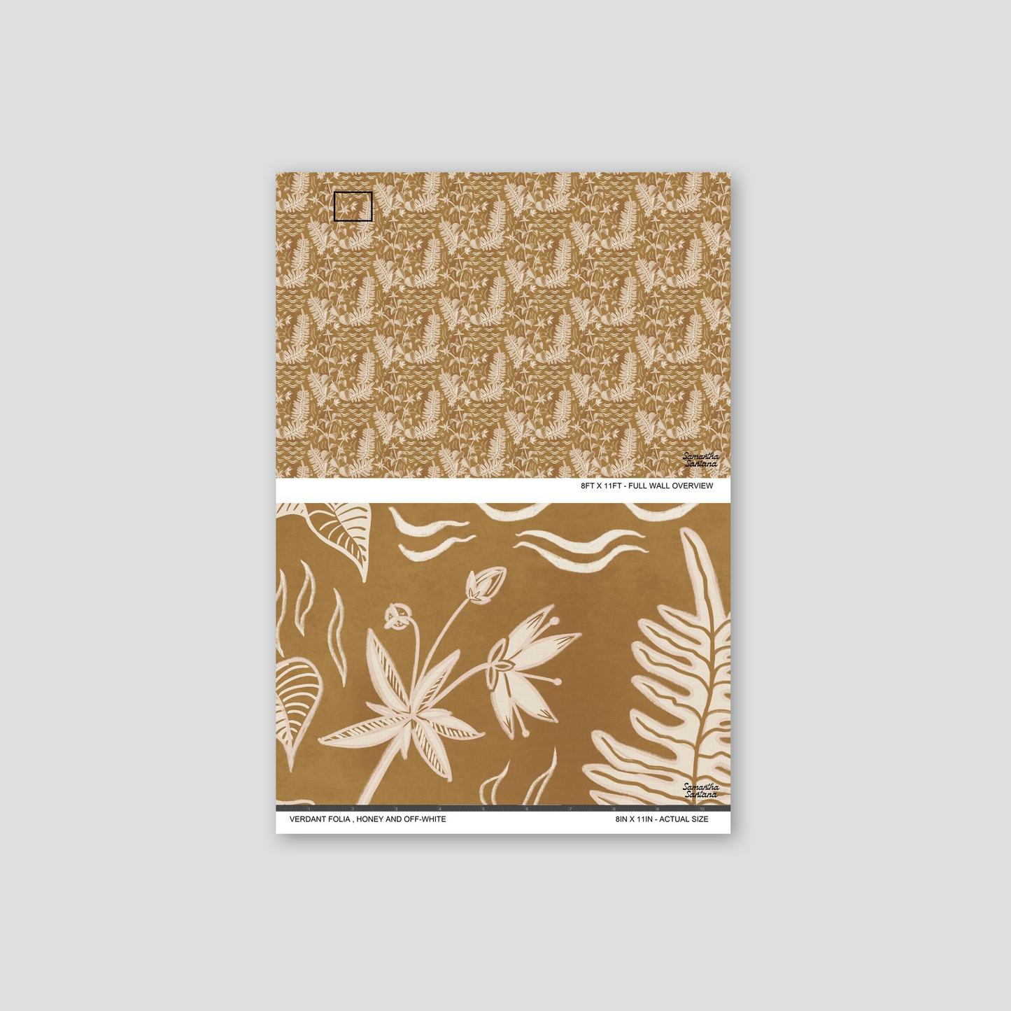 Verdant Folia wallpaper sample with honey and off-white botanical pattern.