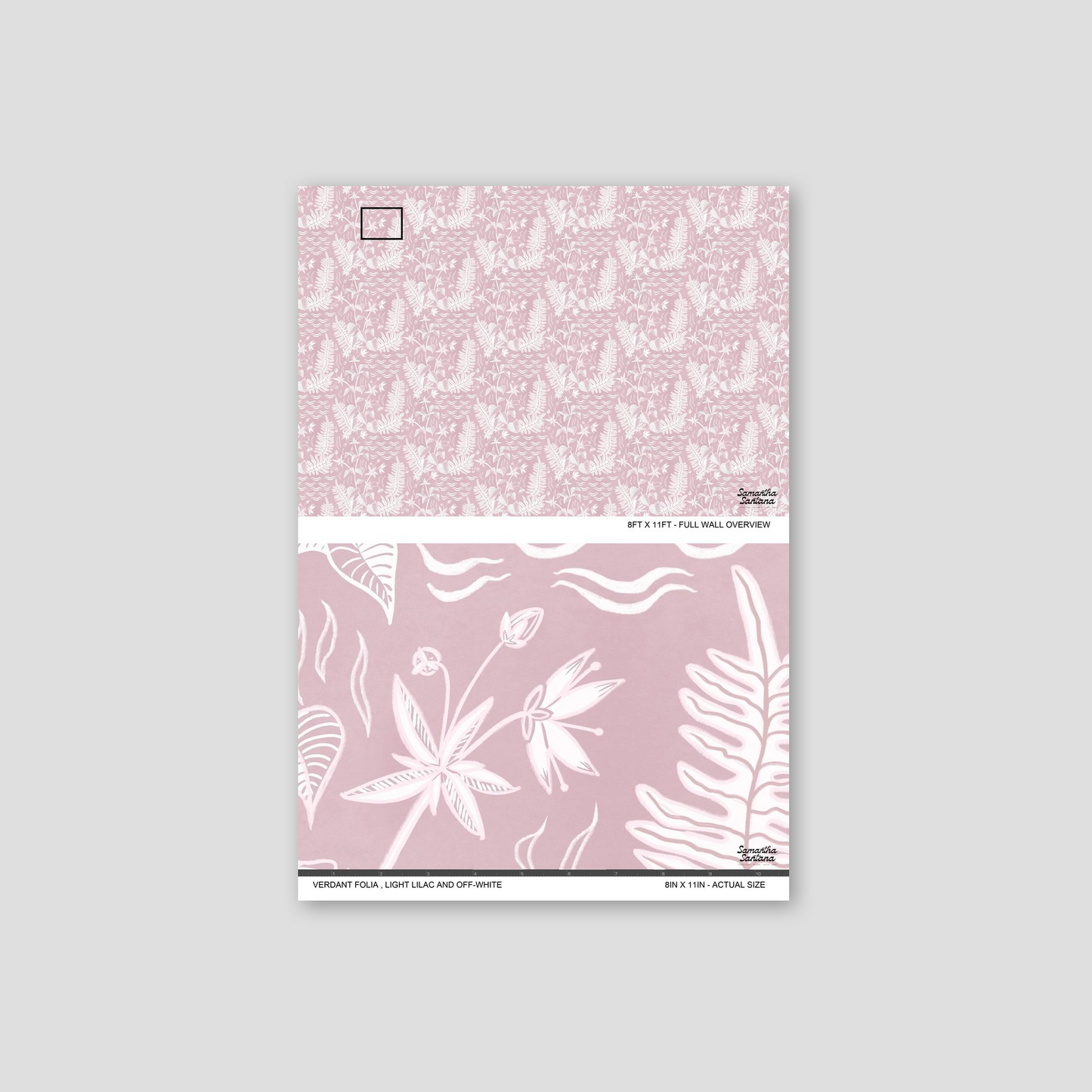 Verdant Folia wallpaper with lilac and white floral pattern sample.