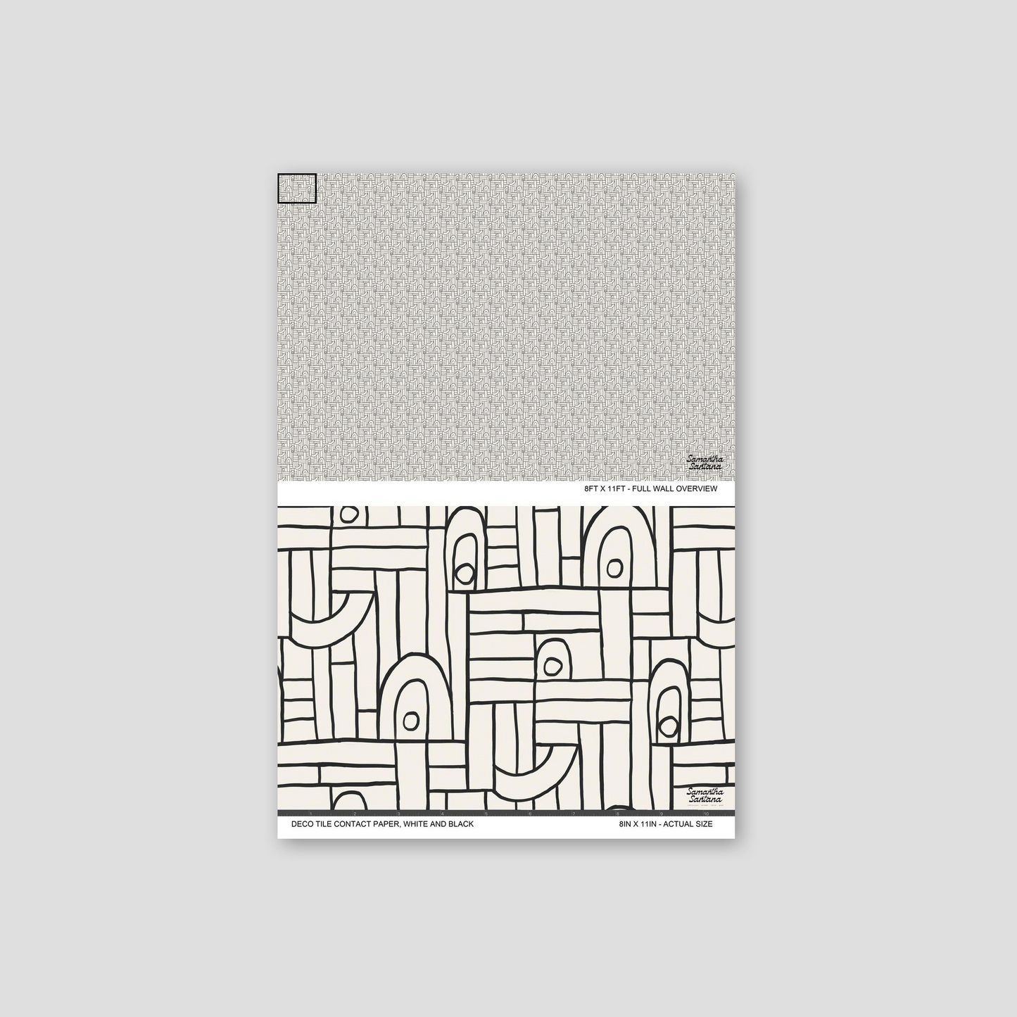 White and black geometric deco tile contact paper, shelf liner sample with bold abstract design.