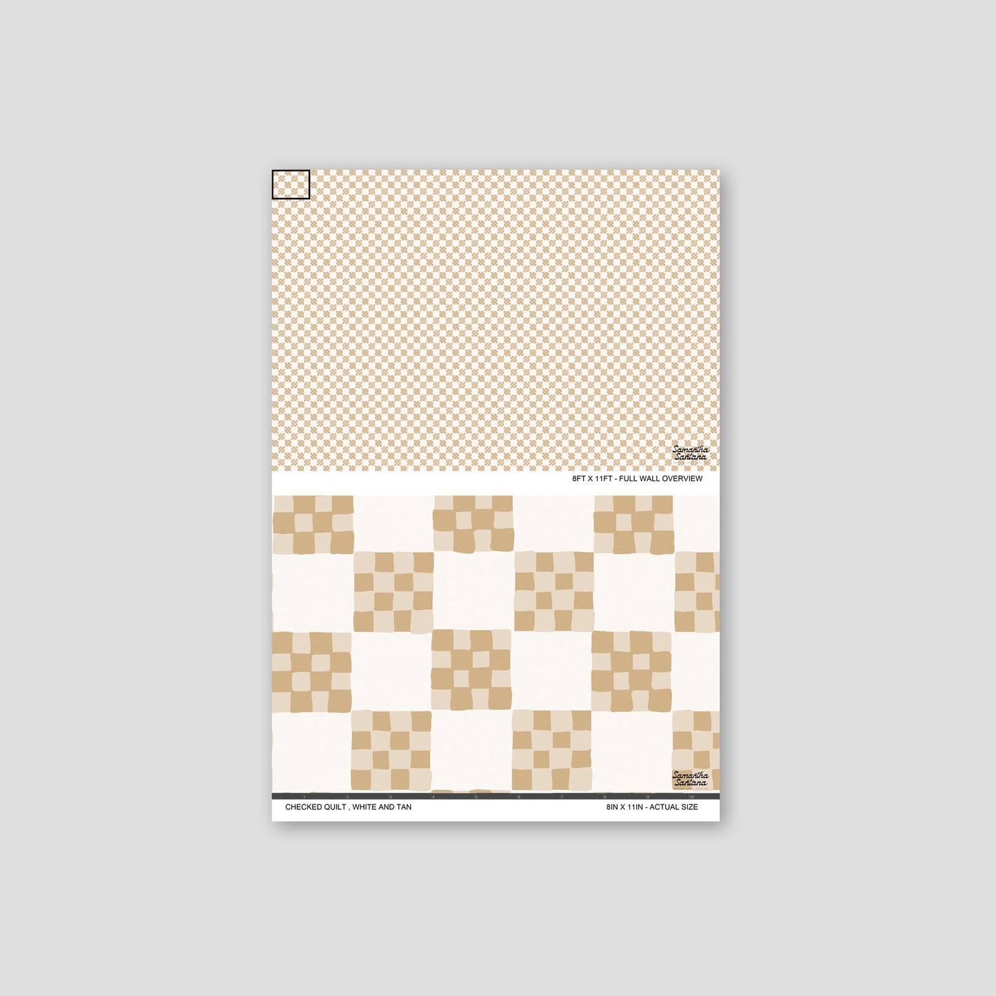 White and tan checked quilt wallpaper sample with geometric squares.