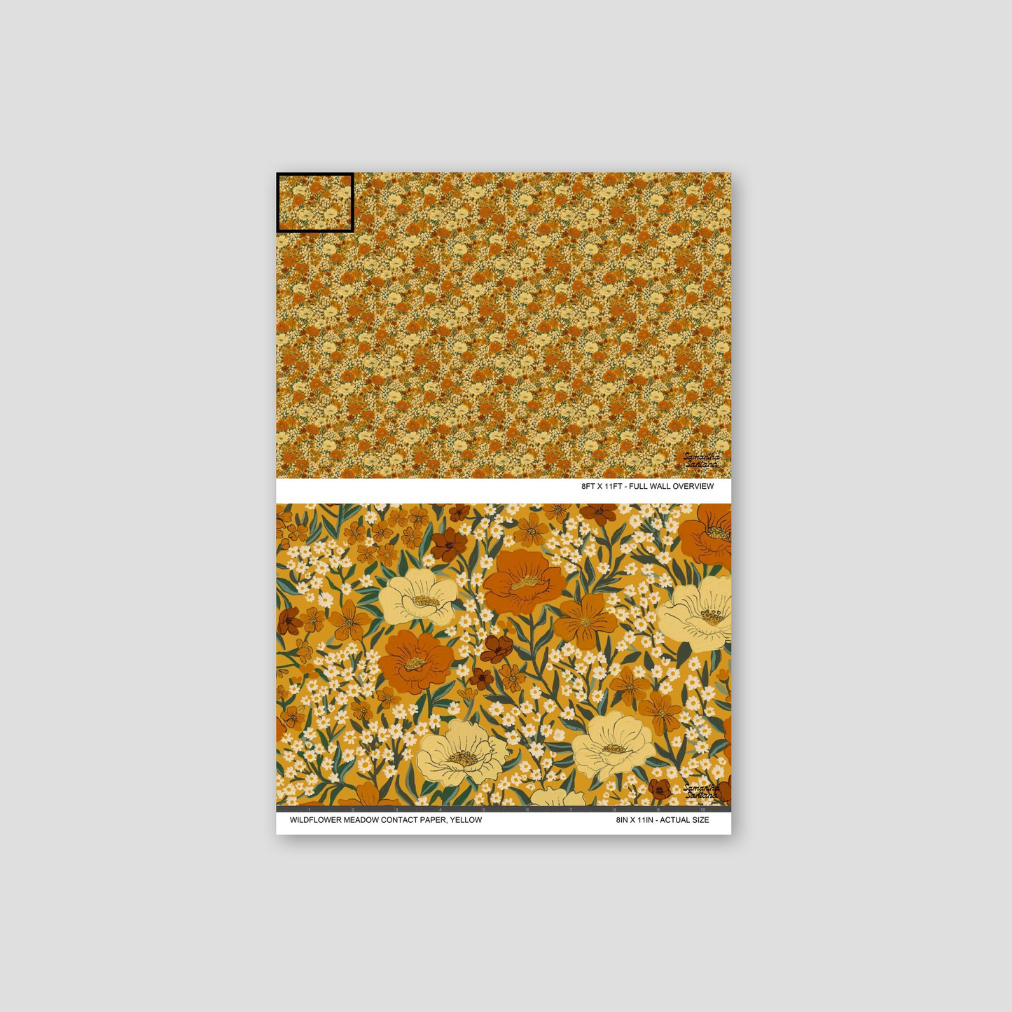 Yellow floral contact paper, shelf liner with intricate botanical patterns and warm hues.
